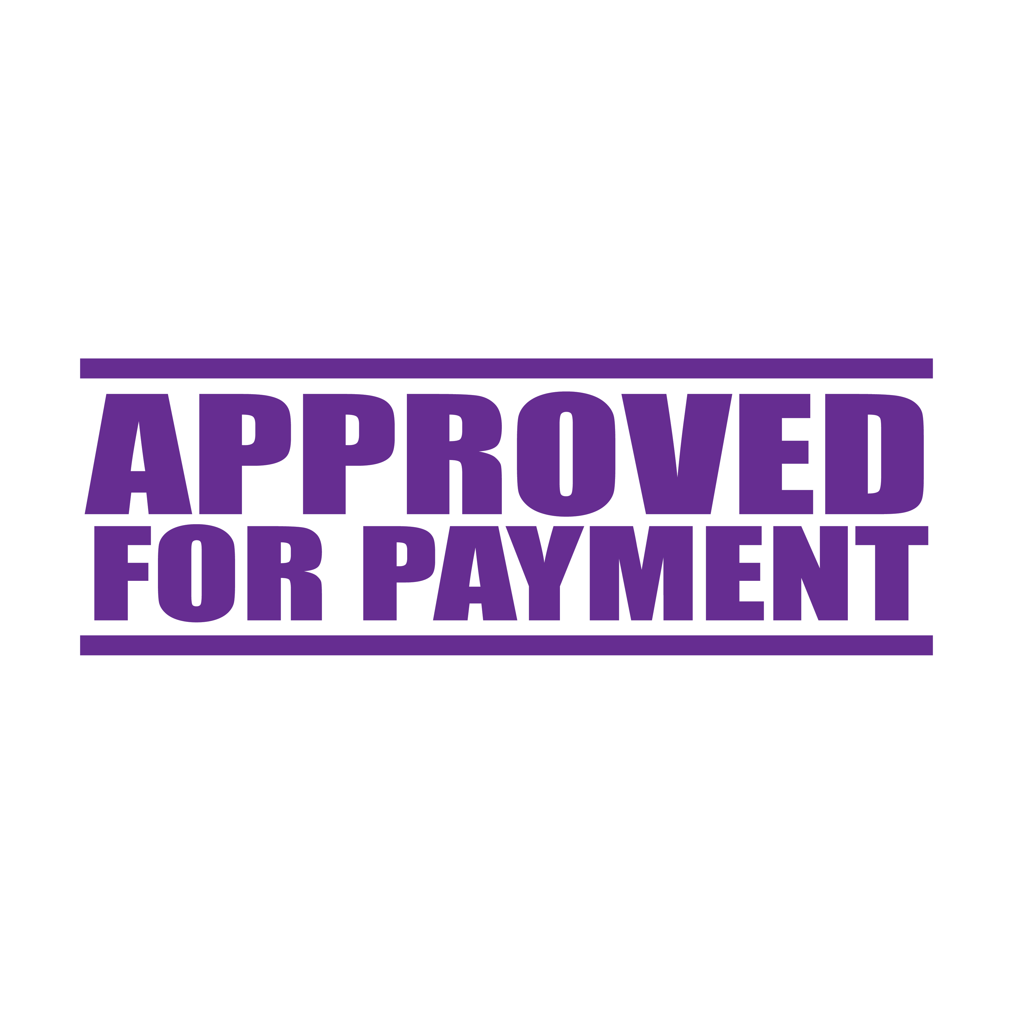 A violet self inking rubber stamp with the word 'Approved For Payment' printed in bold capital letters in violet ink. stampers hand stamp office business inventory documents purple
