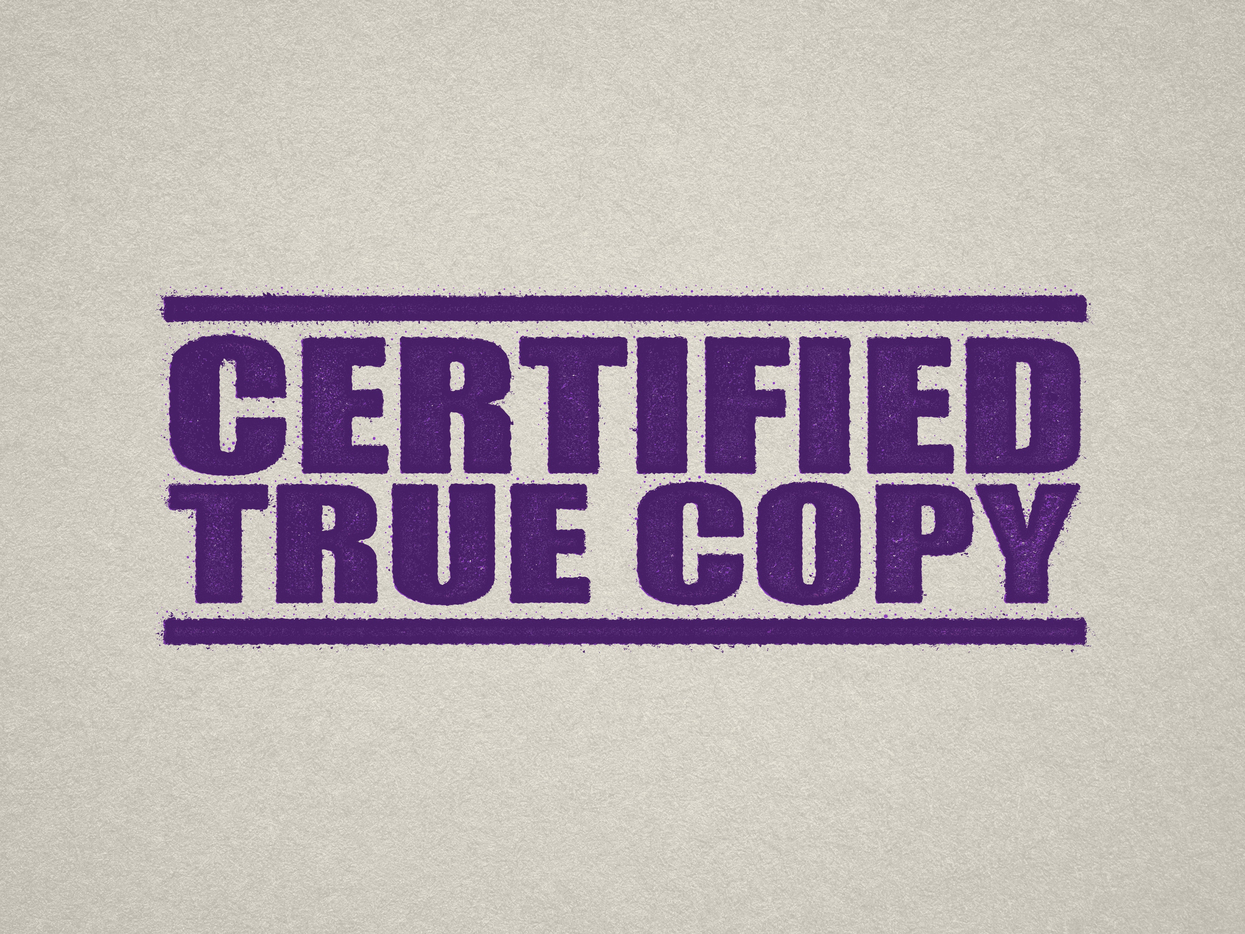 mock up design of 'Certified True Copy' rubber stamp violet ink in paper background stampers hand stamp office business inventory documents self inking prefill refillable stamps stamping purple