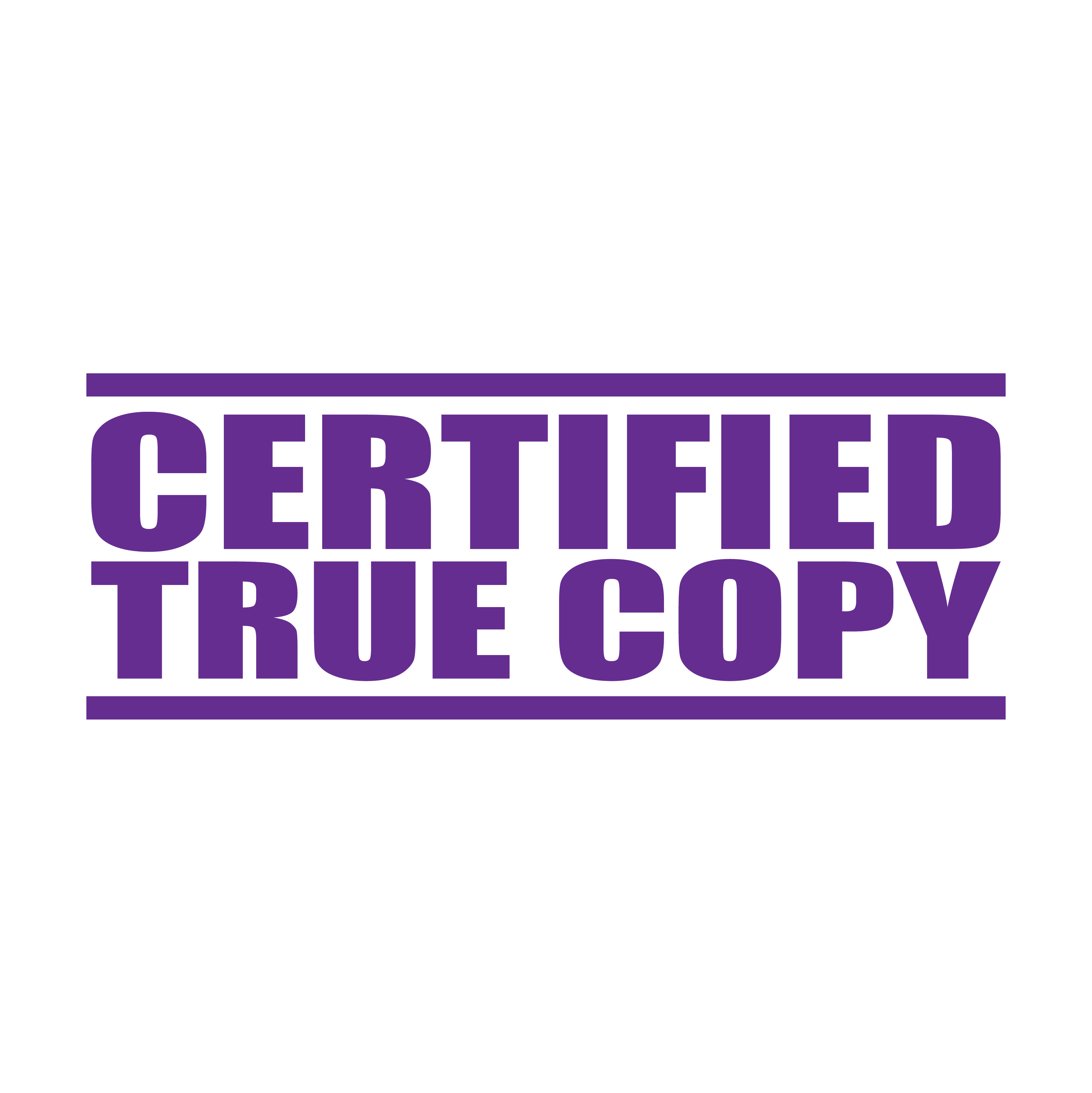 A violet self inking rubber stamp with the word 'Certified True Copy' printed in bold capital letters in violet ink. stampers hand stamp office business inventory documents self inking prefill refillable stamps stamping purple