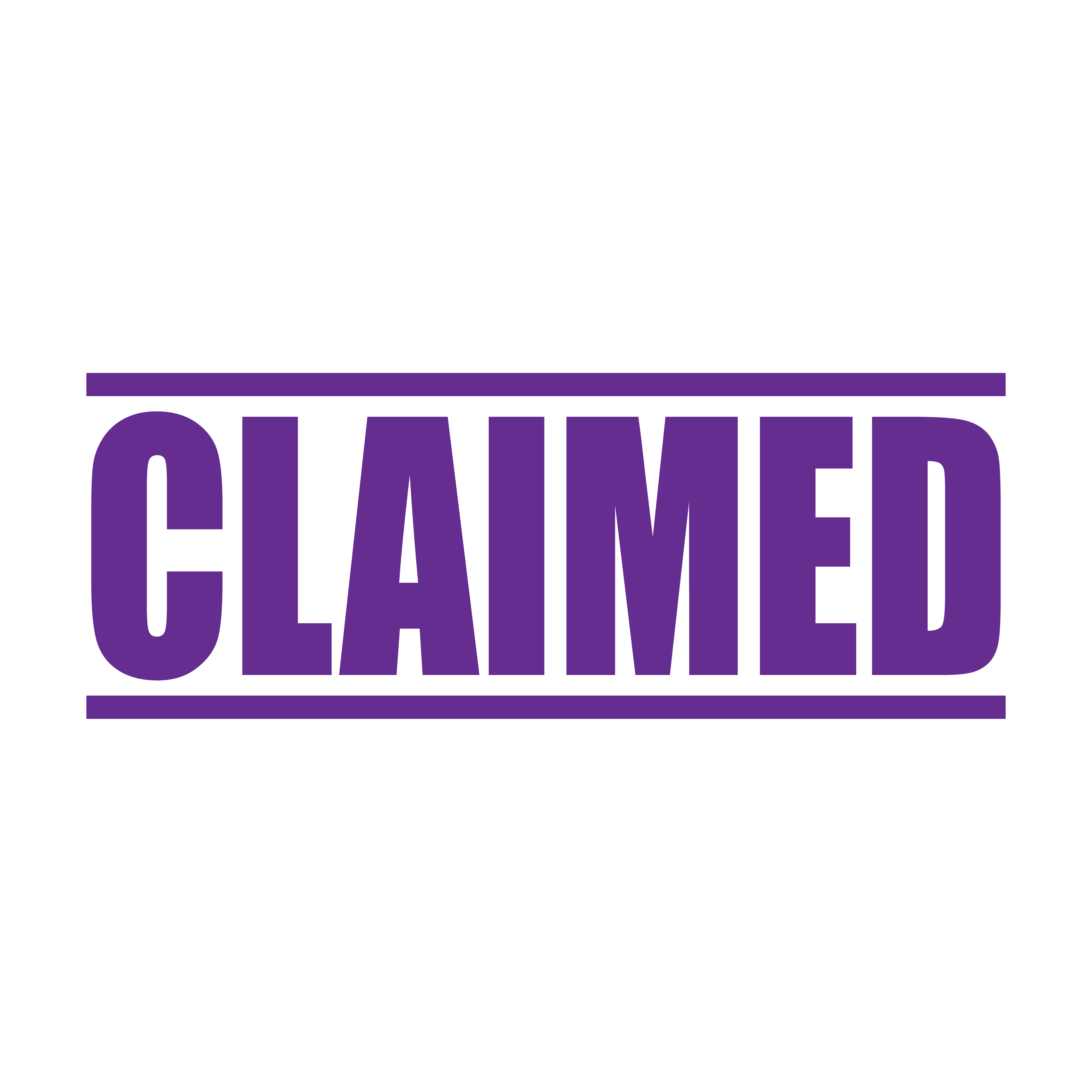 A violet self inking rubber stamp with the word 'Claimed' printed in bold capital letters in violet ink. stampers hand stamp office business inventory documents self inking prefill refillable stamps stamping purple