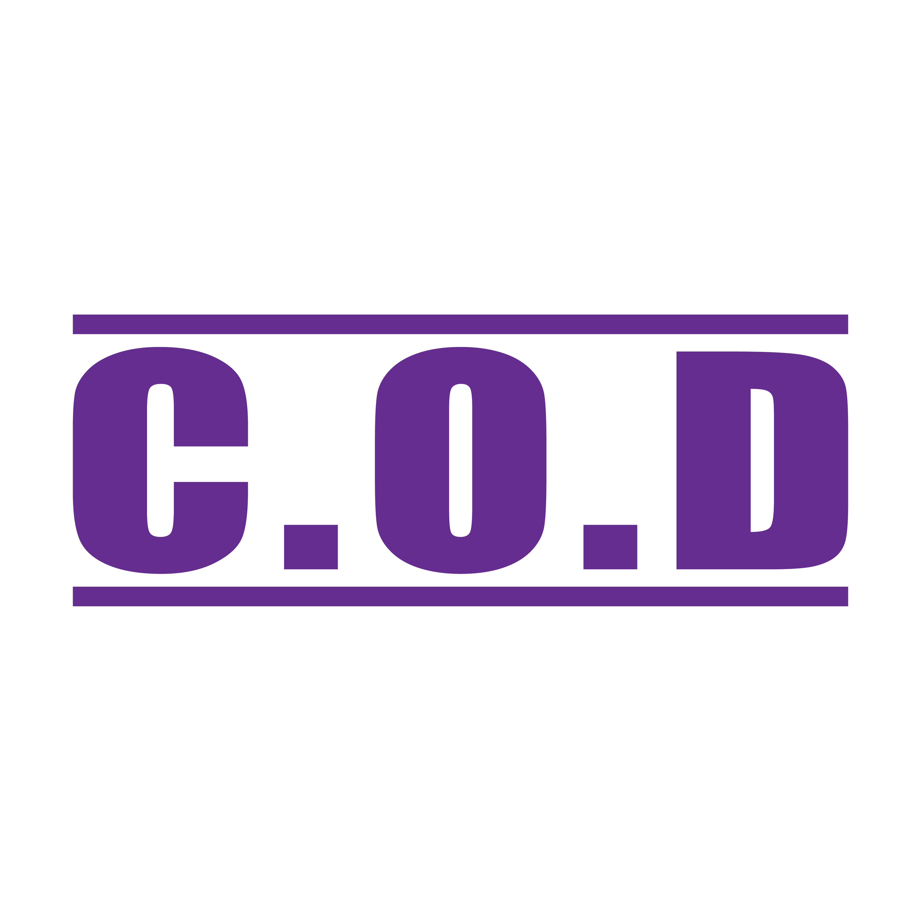 A violet self inking rubber stamp with the word 'COD ' printed in bold capital letters in violet ink. stampers hand stamp office business inventory documents purple