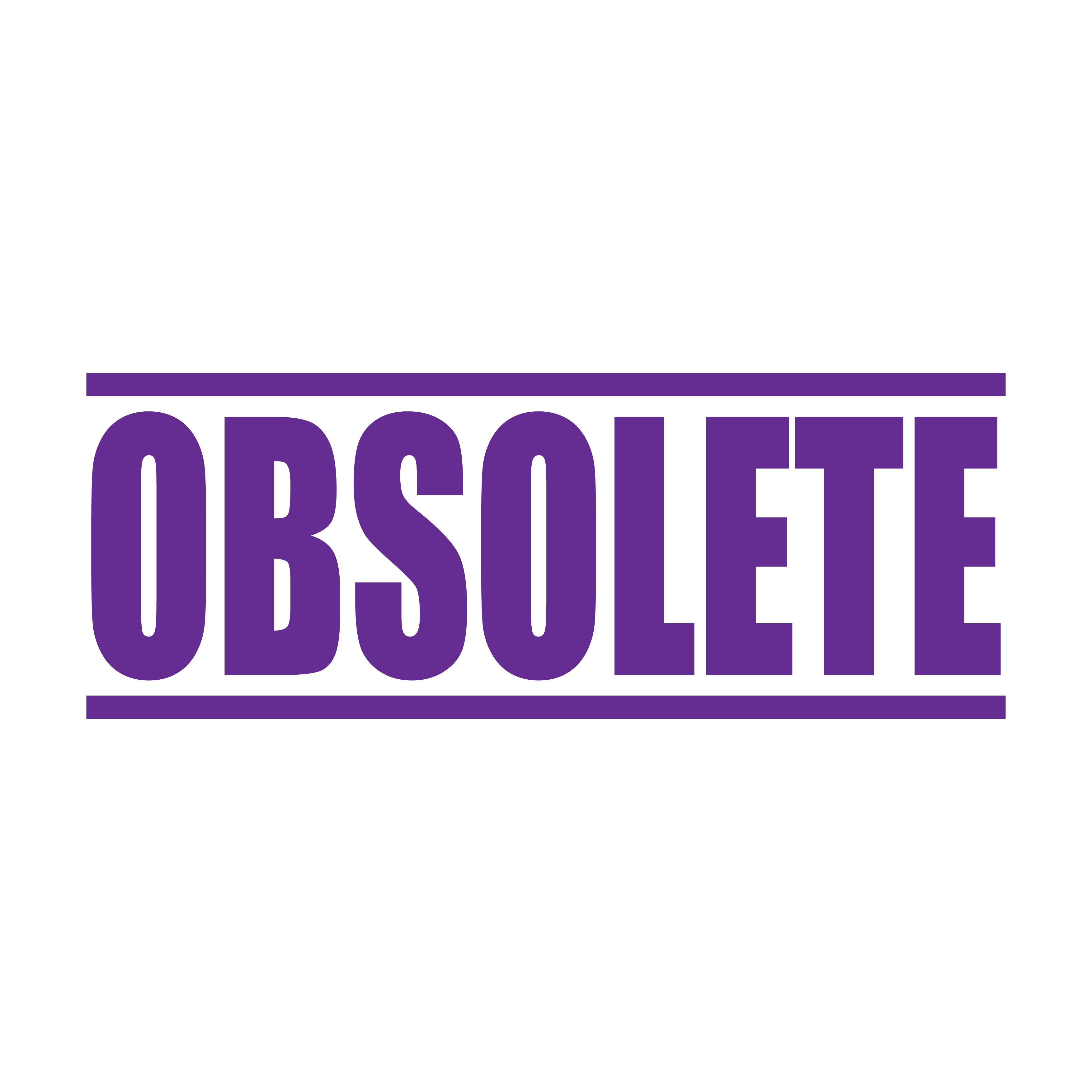 A violet self inking rubber stamp with the word 'Obsolete' printed in bold capital letters in violet ink. stampers hand stamp office business inventory documents purple