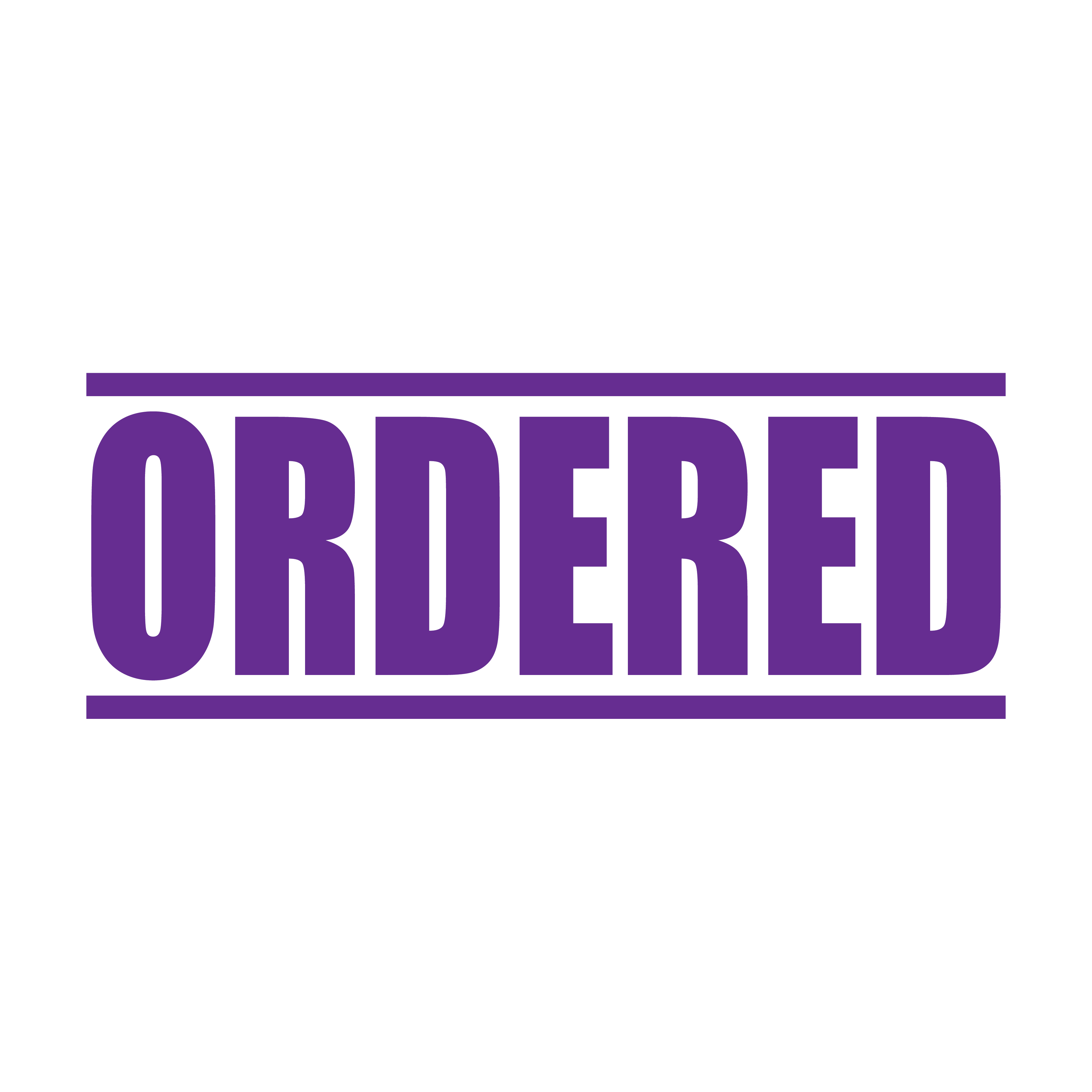 "A violet self inking rubber stamp with the word 'ORDERED' printed in bold capital letters in violet ink. stampers hand stamp office business inventory documents sky violet/purple ink
"