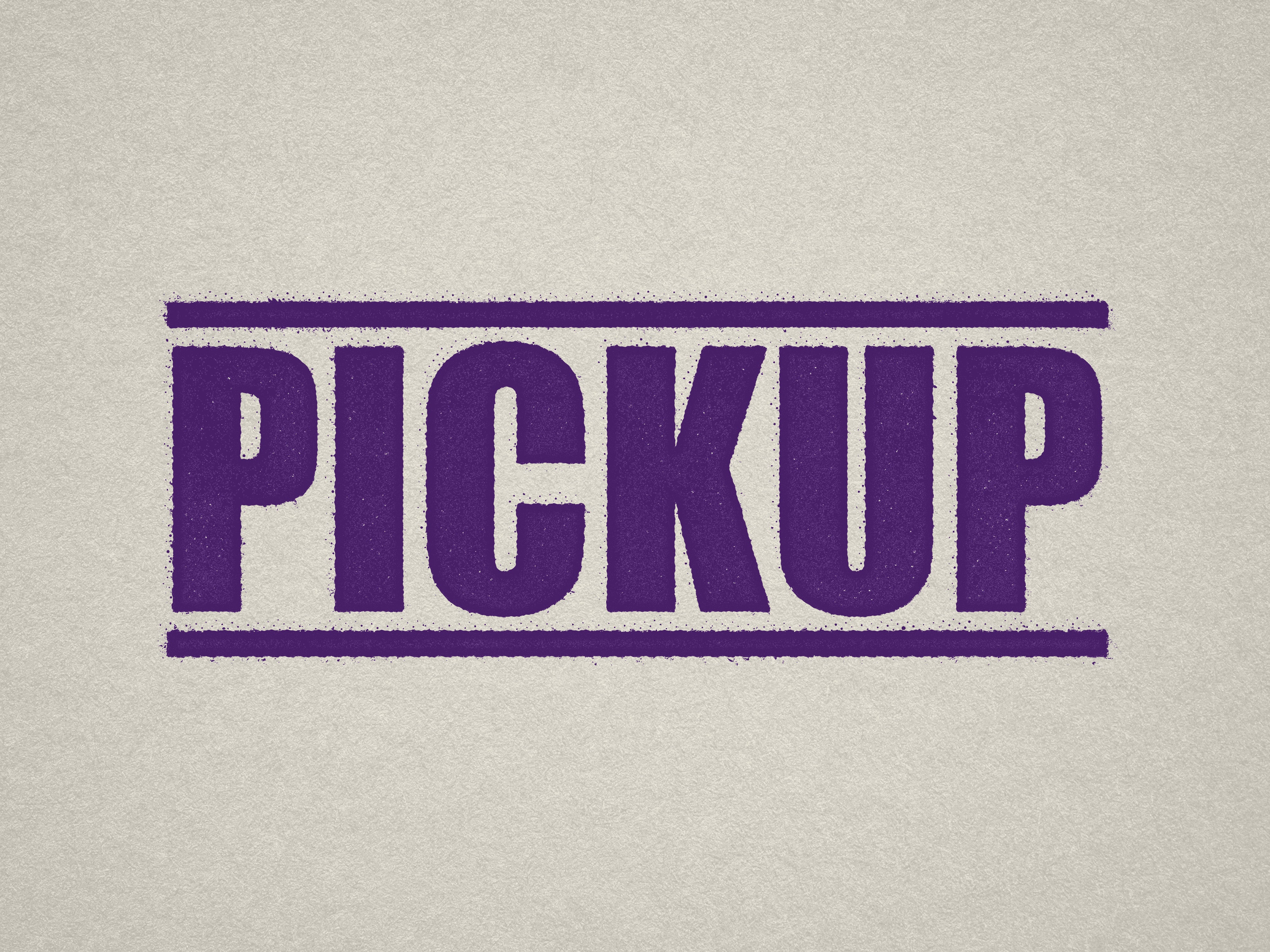 mock up design of 'Pickup" rubber stamp violet ink in paper background stampers hand stamp office business inventory documents pick up purple