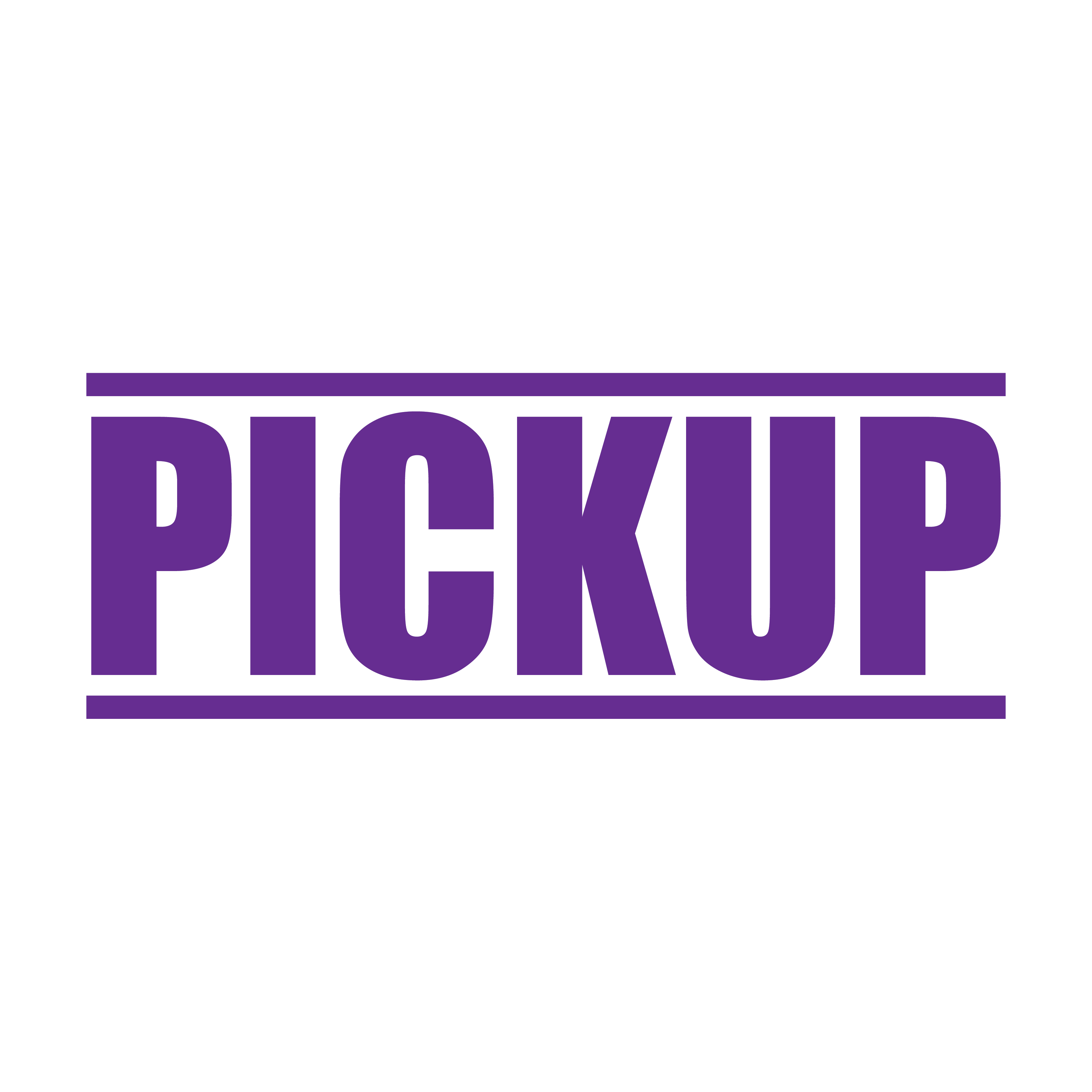 A violet self inking rubber stamp with the word 'Pickup' printed in bold capital letters in violet ink. stampers hand stamp office business inventory documents pick up purple