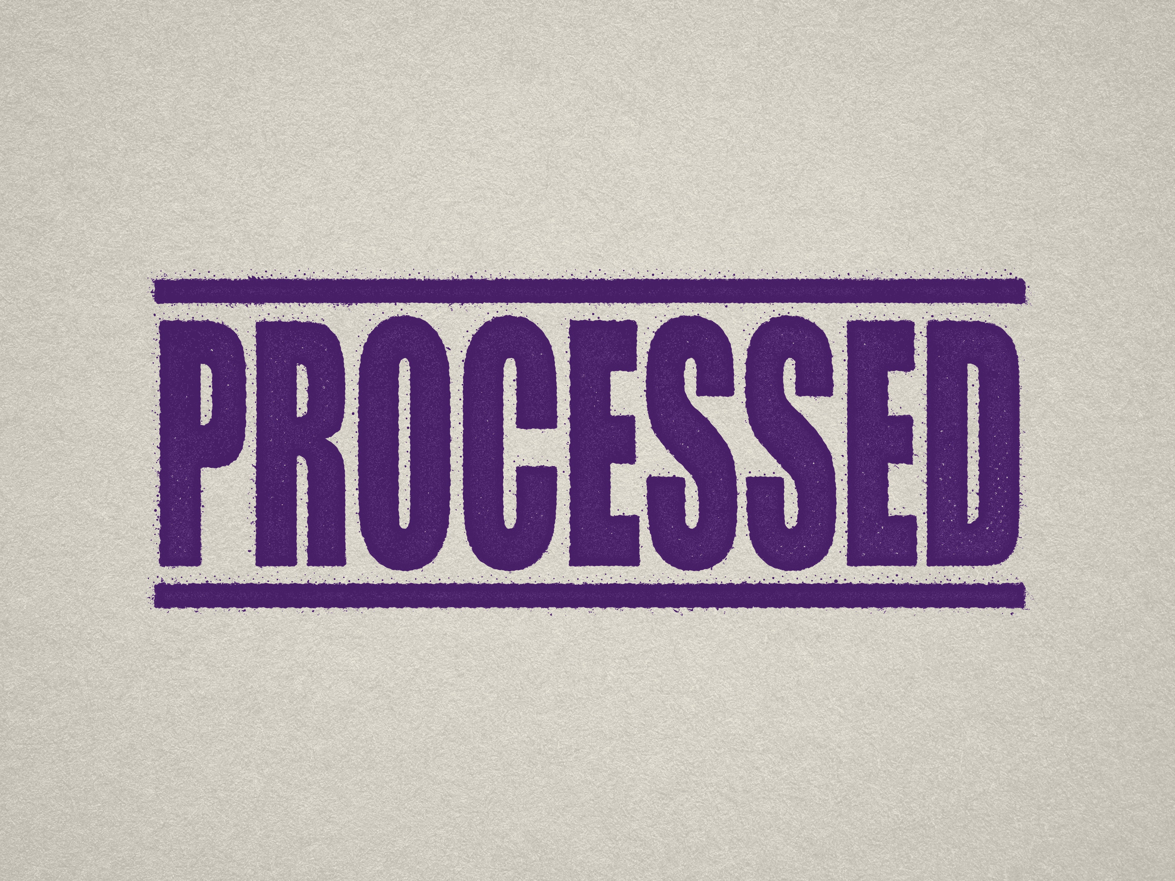 mock up design of 'Processed " rubber stamp violet ink in paper background stampers hand stamp office business inventory documents purple
