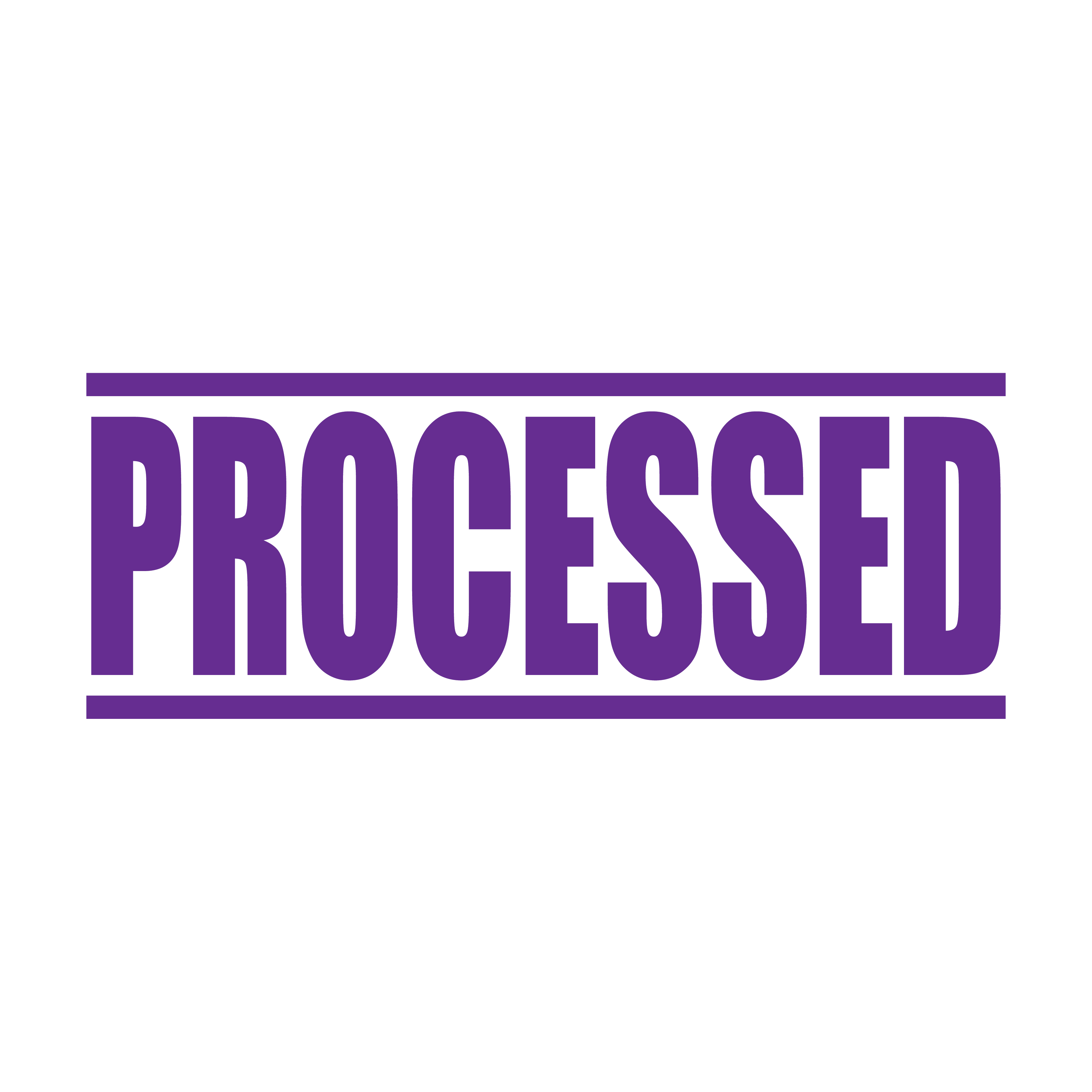 A violet self inking rubber stamp with the word 'Processed ' printed in bold capital letters in violet ink. stampers hand stamp office business inventory documents purple