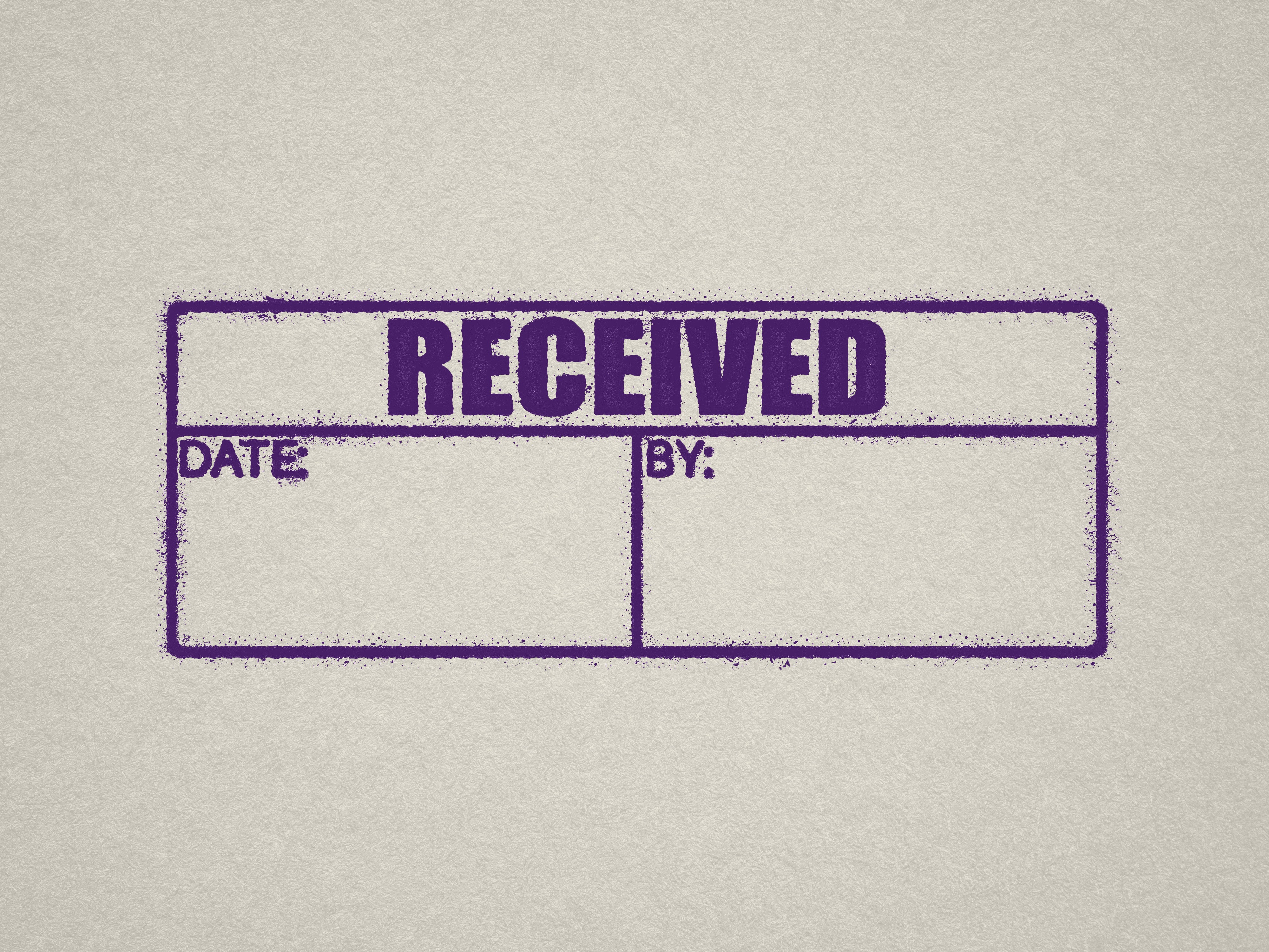 RECEIVED stamp with 'Date' and 'By fields in Purple ink
