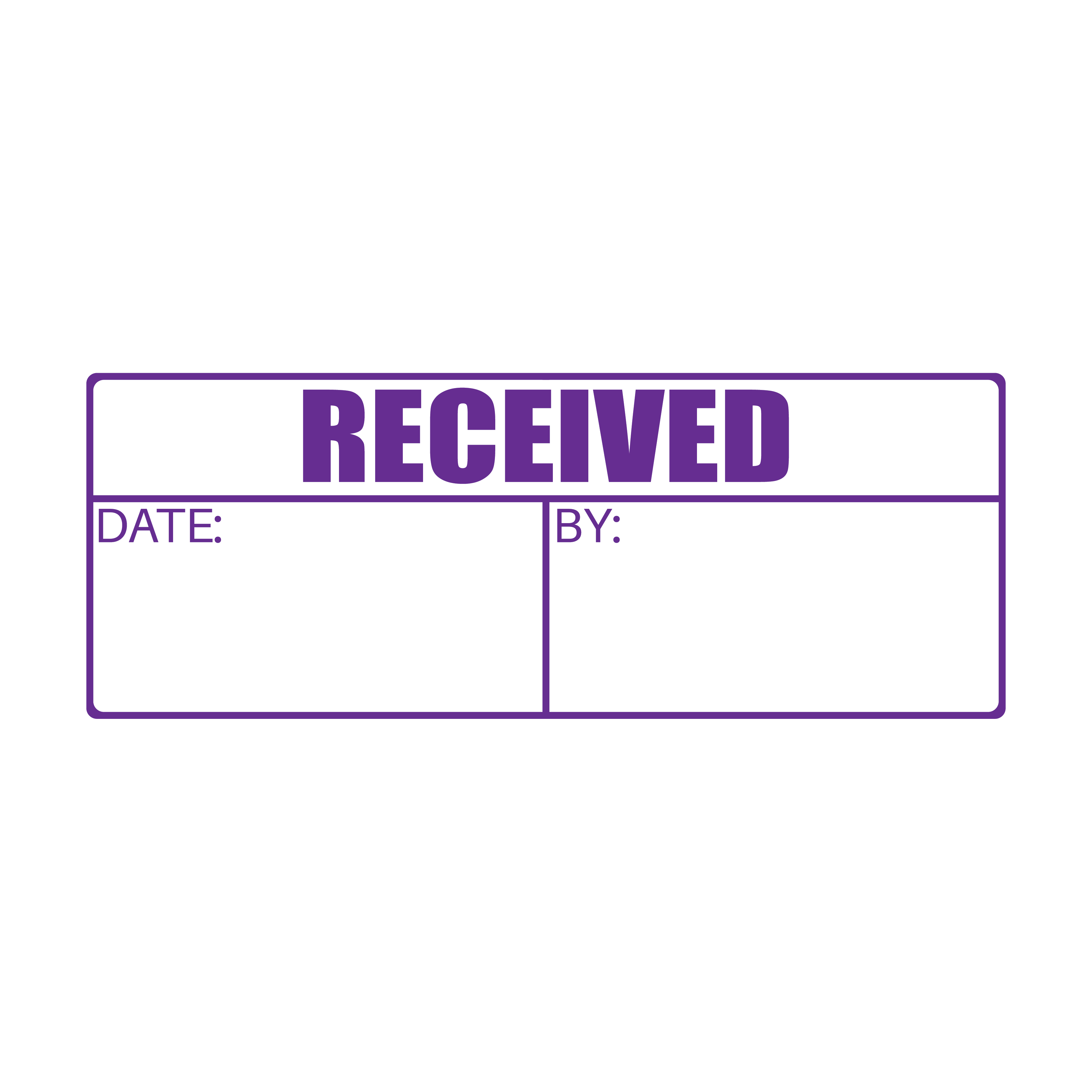 A bold Purple stamp with table, the word 'RECEIVED' at the top, and two fields below for entering the 'Date' and 'By' information.
