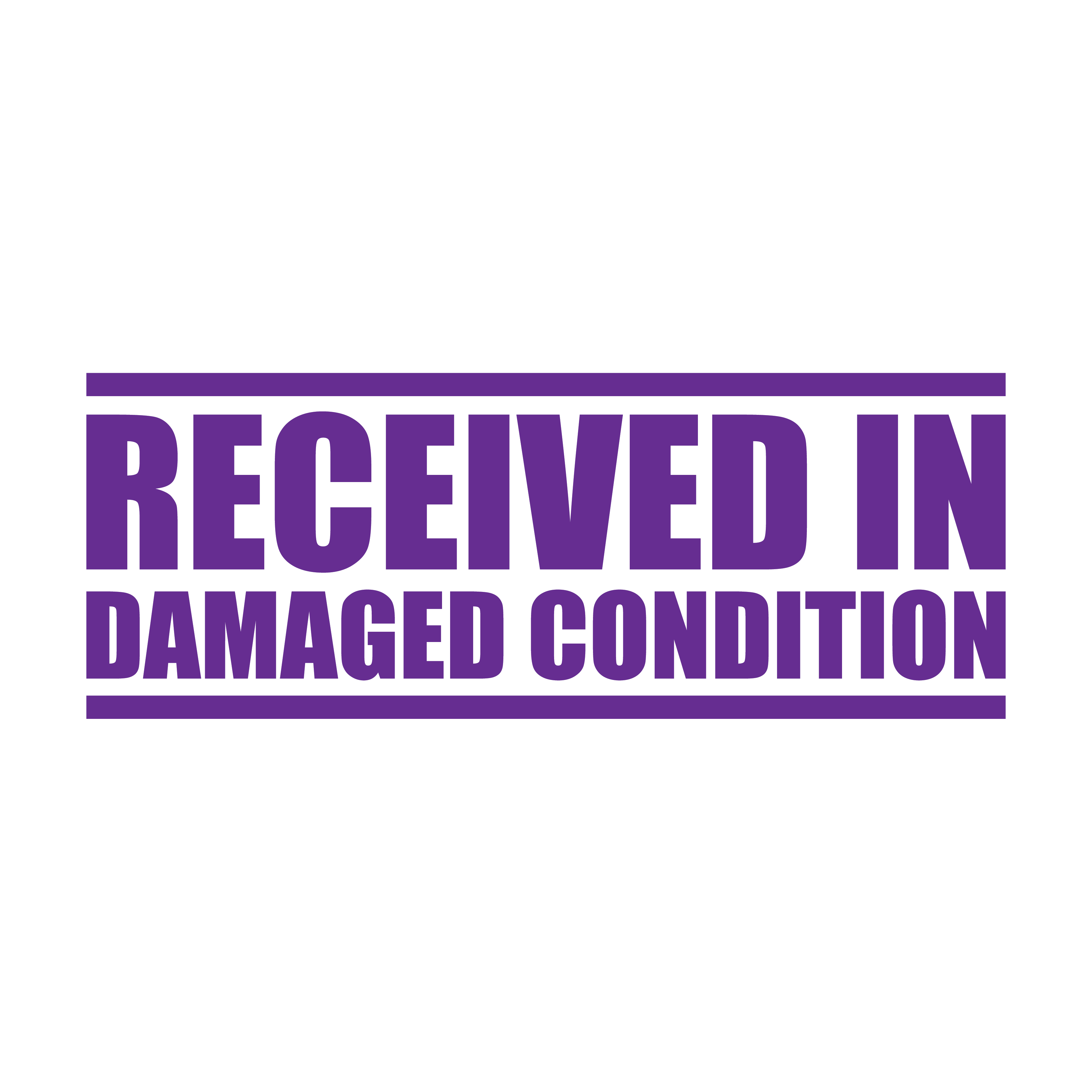 A purple stamp with the text 'RECEIVED IN DAMAGED CONDITION' in bold capital letters.