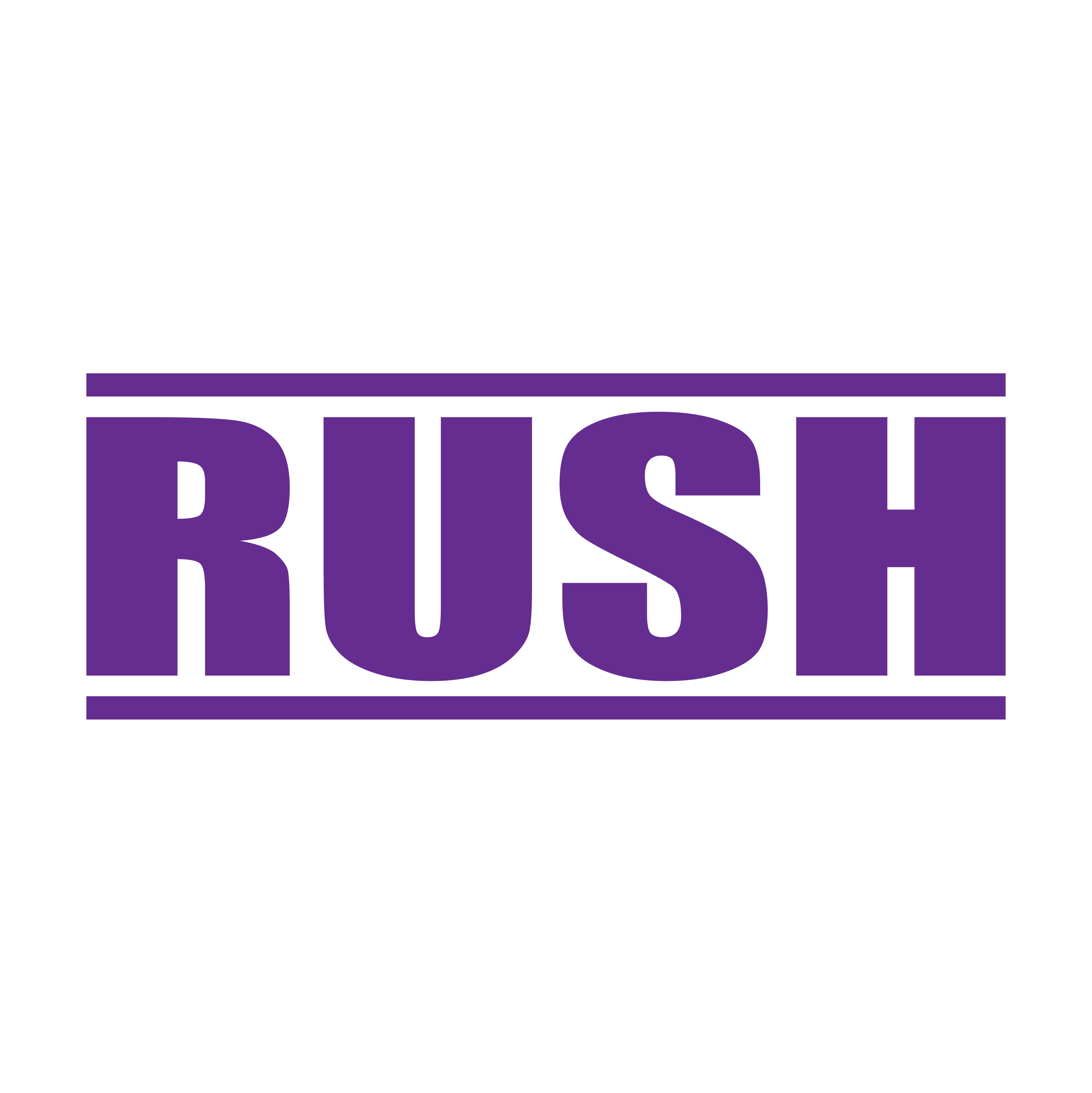 A purple stamp with the word 'RUSH' in bold capital letters, designed to be used on documents to mark them as urgent.