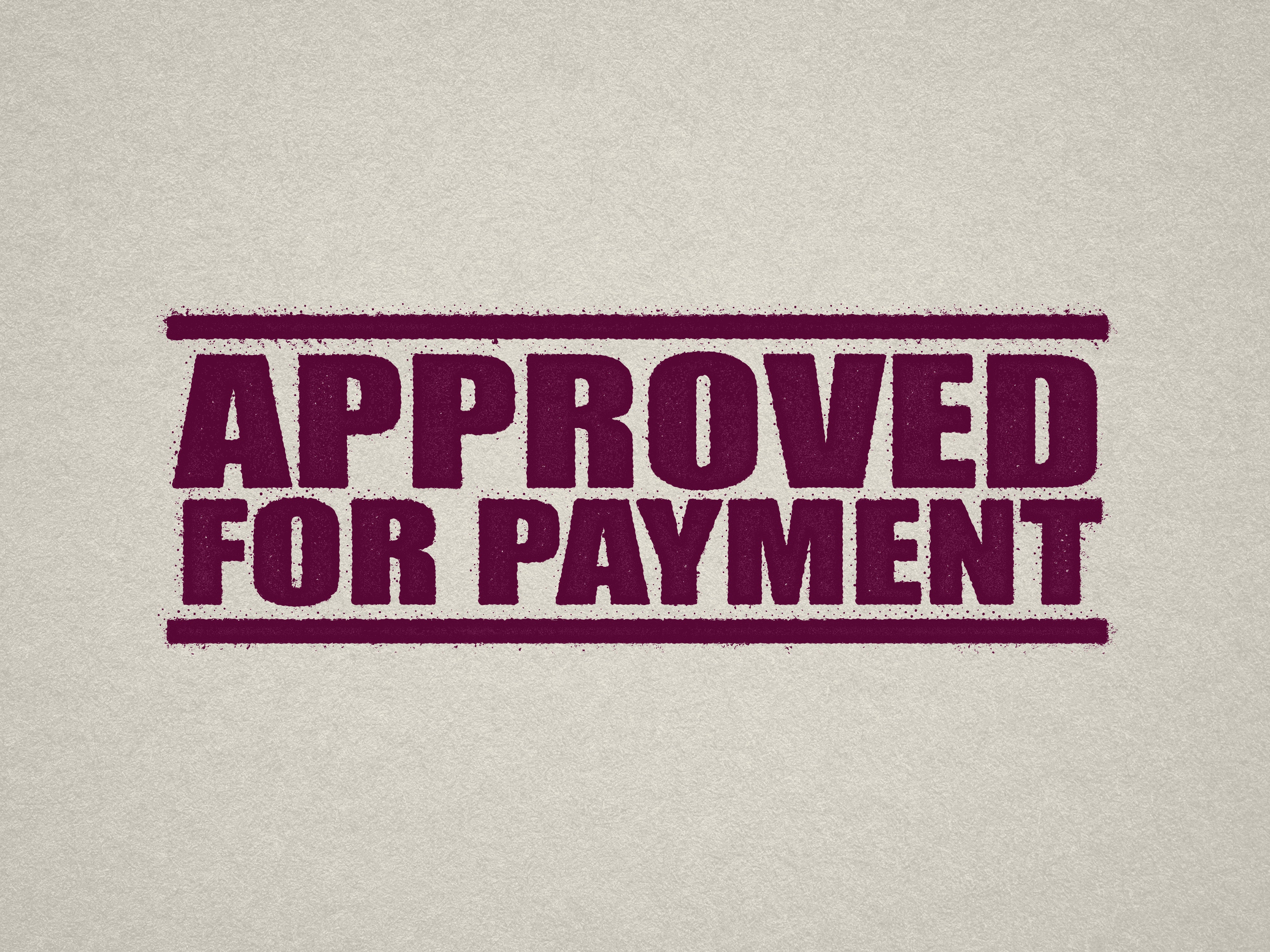 mock up design of 'Approved For Payment" rubber stamp maroon ink in paper background stampers hand stamp office business inventory documents