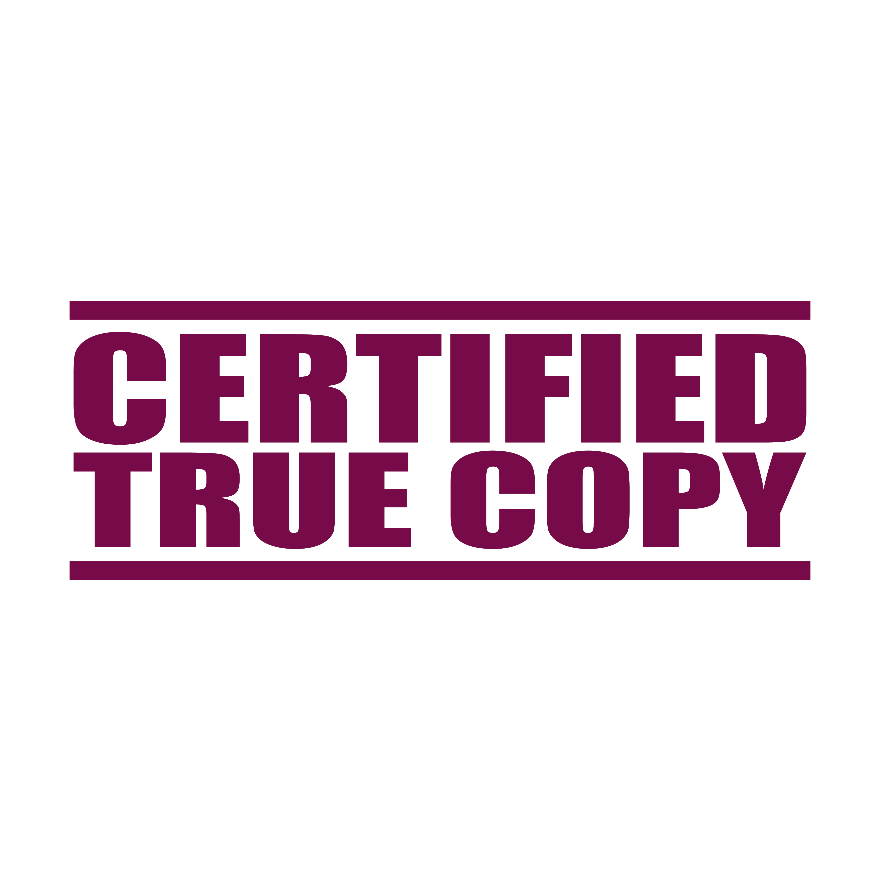 A maroon self inking rubber stamp with the word 'Certified True Copy' printed in bold capital letters in maroon ink. stampers hand stamp office business inventory documents self inking prefill refillable stamps stamping