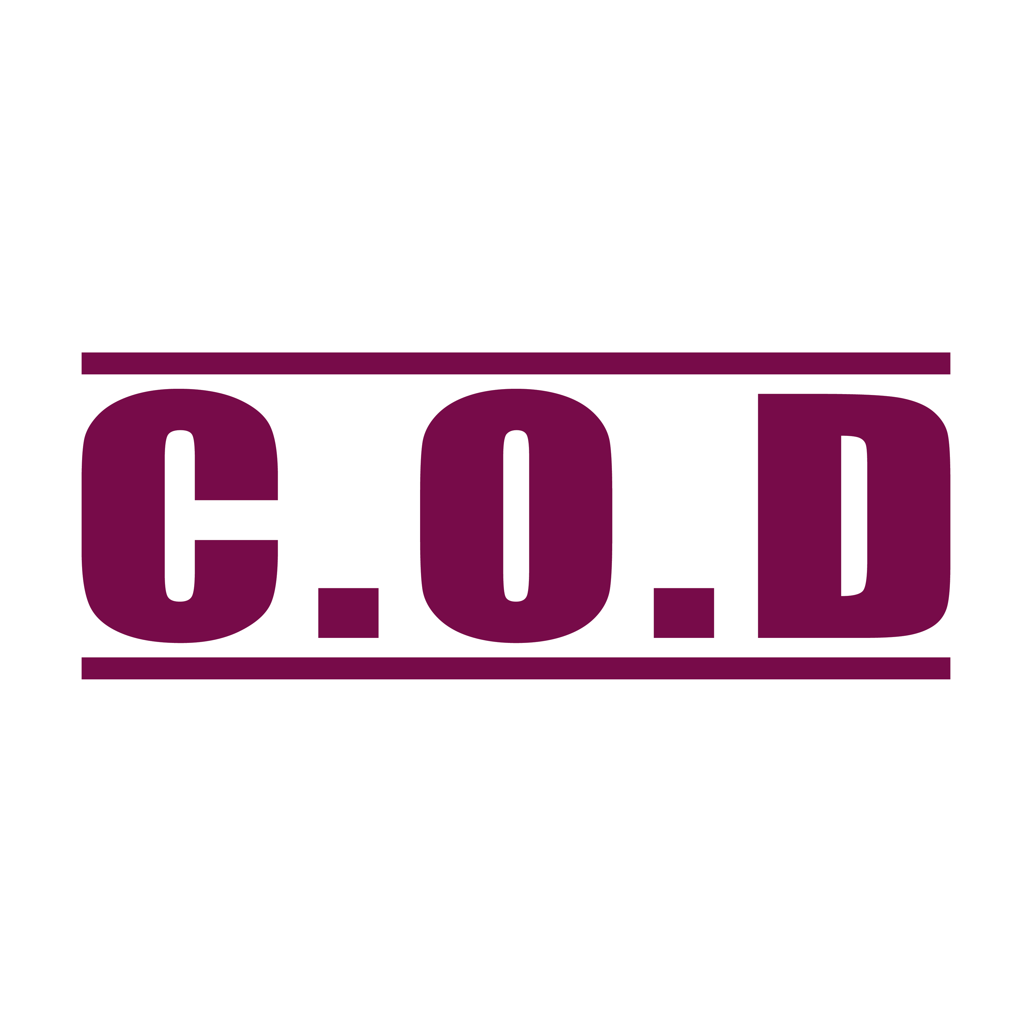 A maroon self inking rubber stamp with the word 'COD ' printed in bold capital letters in maroon ink. stampers hand stamp office business inventory documents