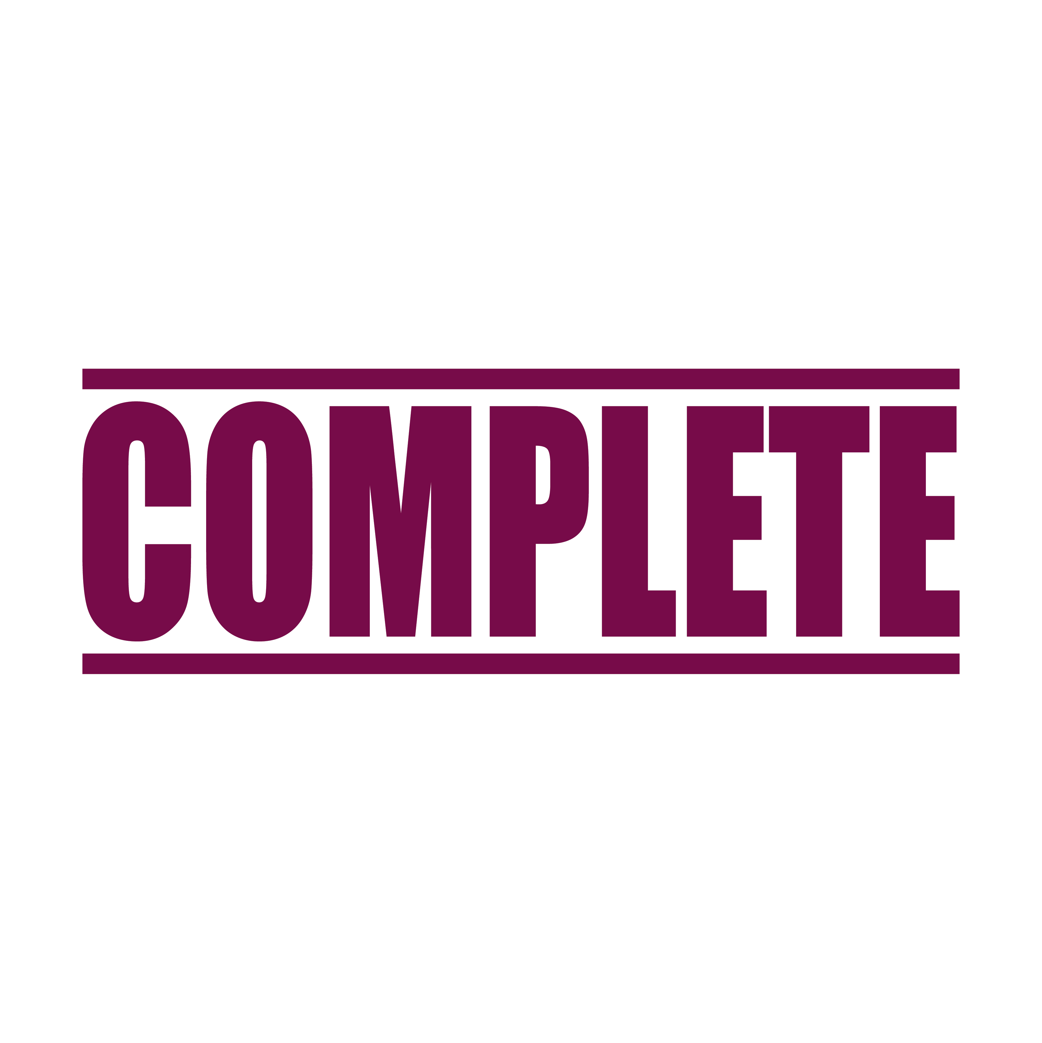 A maroon self inking rubber stamp with the word 'Complete' printed in bold capital letters in maroon ink. stampers hand stamp office business inventory documents