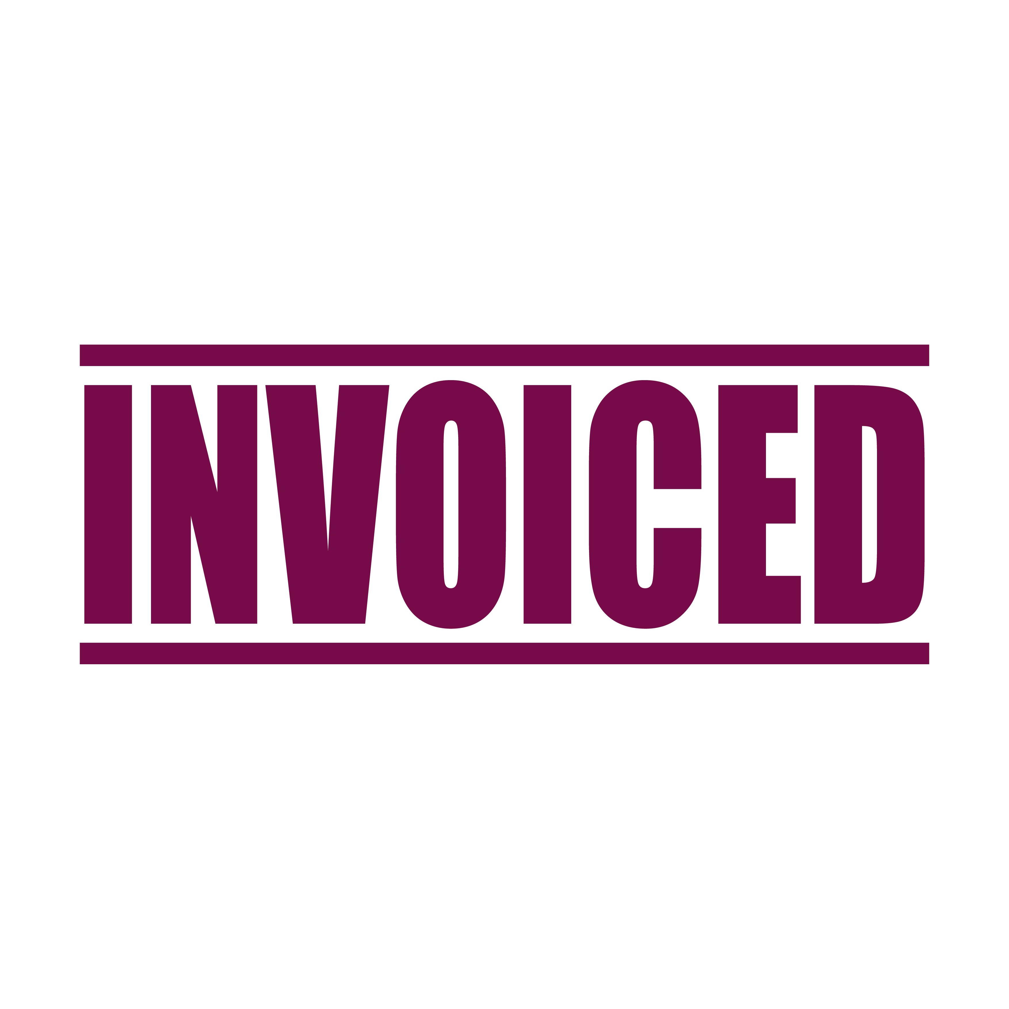 A maroon self inking rubber stamp with the word 'INVOICED' printed in bold capital letters in maroon ink. stampers hand stamp office business inventory documents