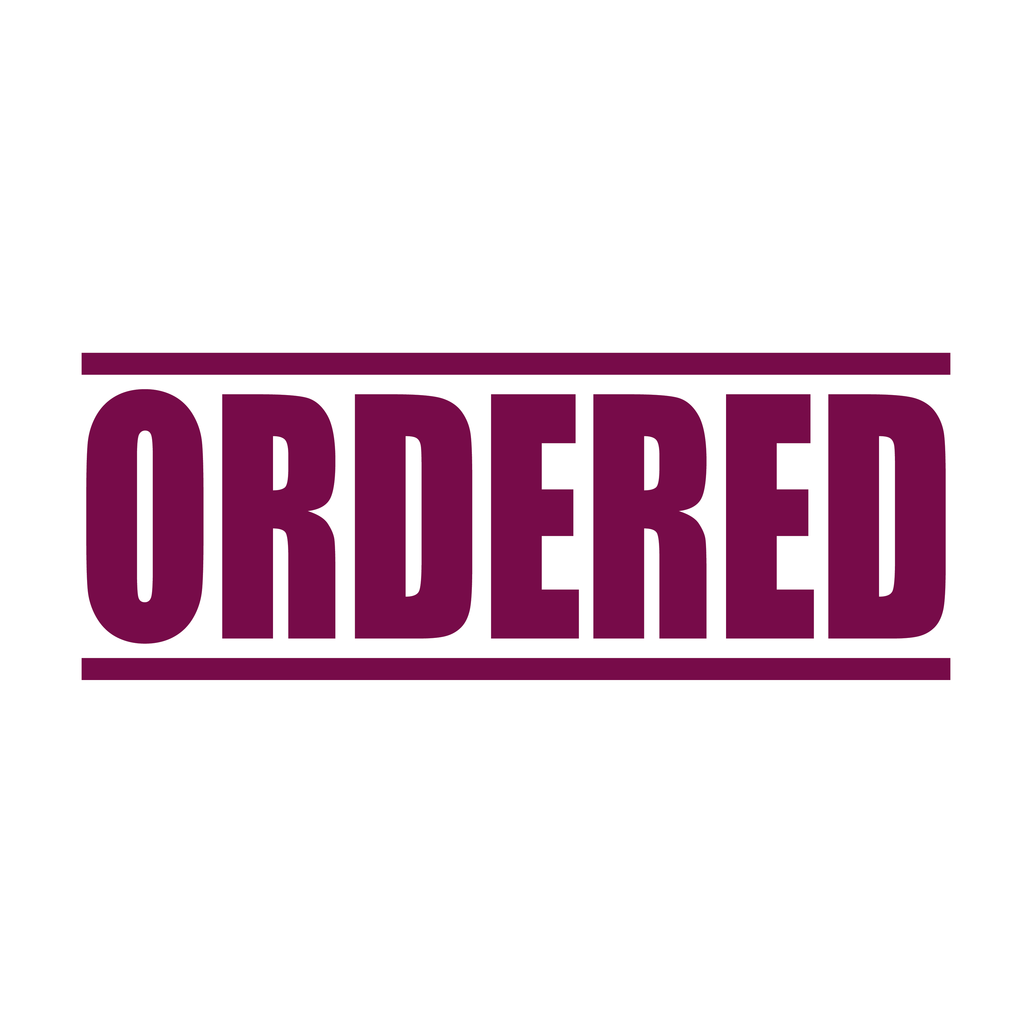 "A maroon self inking rubber stamp with the word 'ORDERED' printed in bold capital letters in maroon ink. stampers hand stamp office business inventory documents maroon ink
"