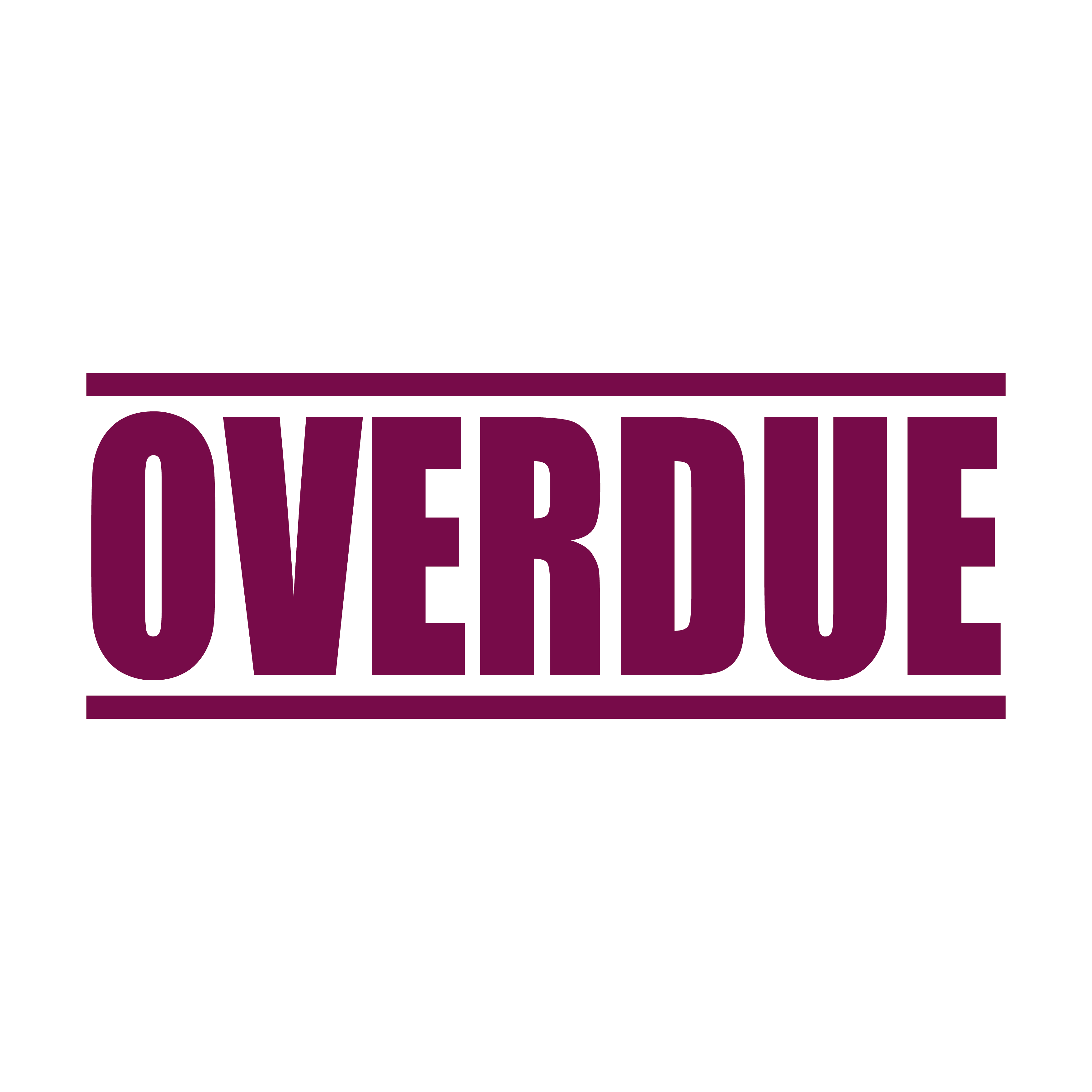 A maroon self inking rubber stamp with the word 'Overdue ' printed in bold capital letters in maroon ink. stampers hand stamp office business inventory documents