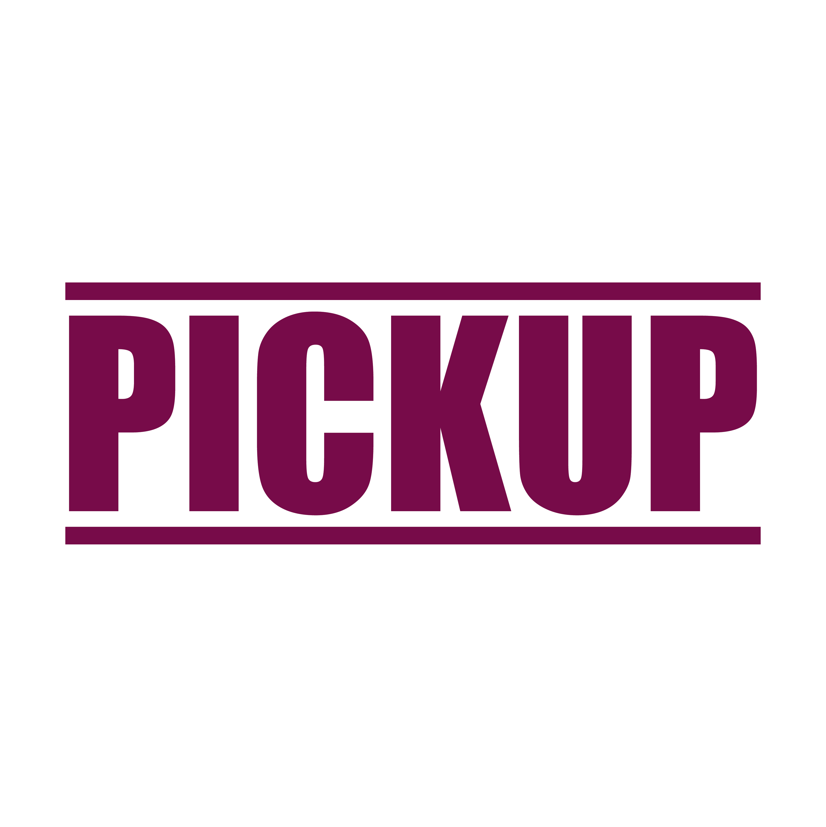 A maroon self inking rubber stamp with the word 'Pickup' printed in bold capital letters in maroon ink. stampers hand stamp office business inventory documents pick up