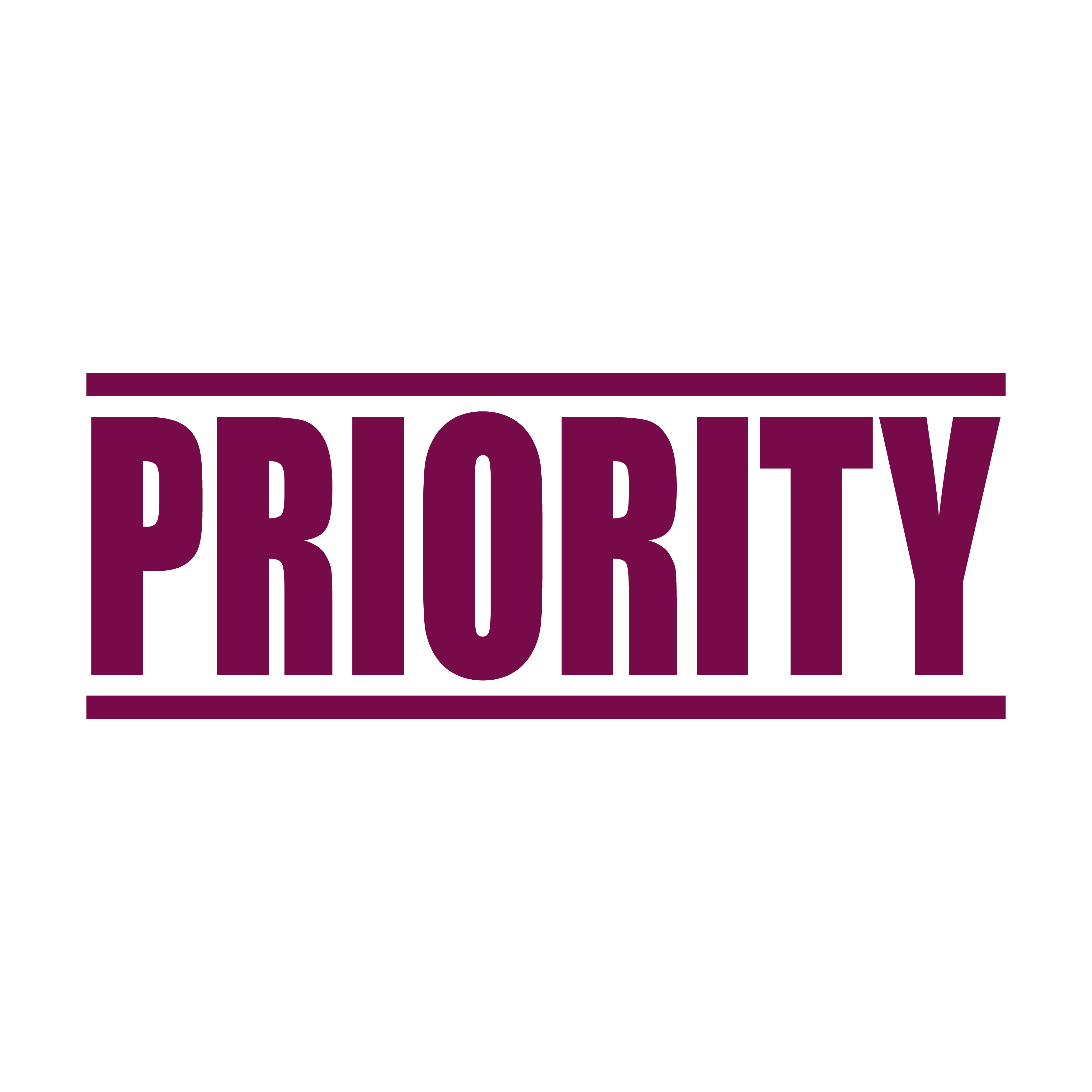 A maroon self inking rubber stamp with the word 'Priority' printed in bold capital letters in maroon ink. stampers hand stamp office business inventory documents self inking prefill refillable stamps stamping