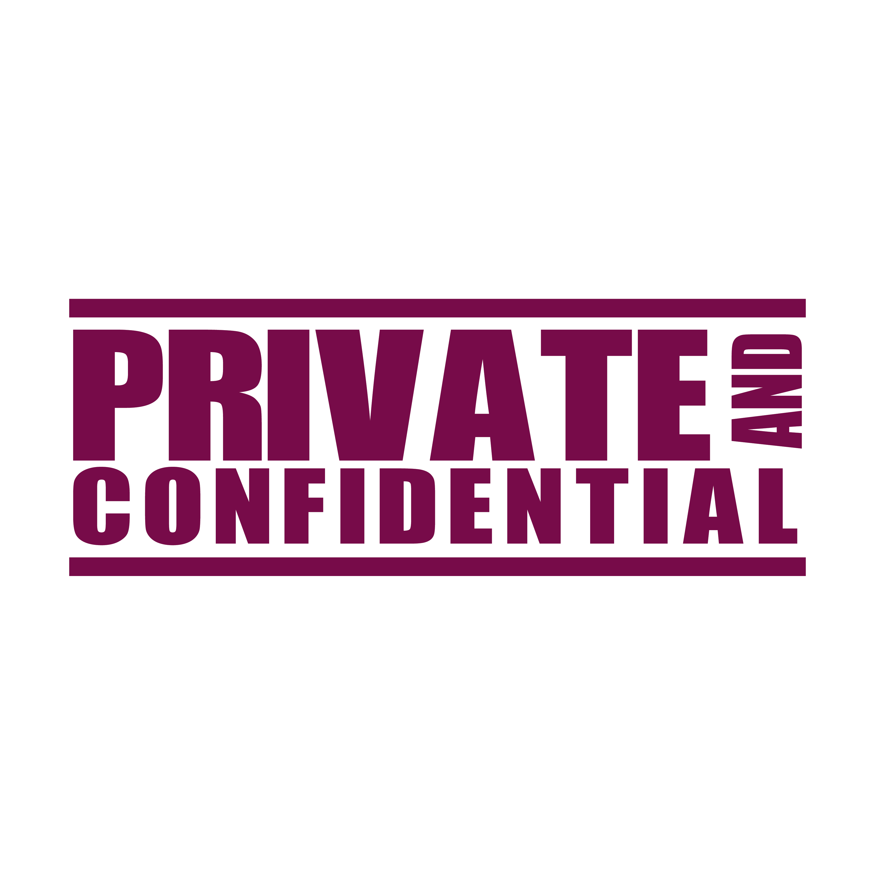 A maroon self inking rubber stamp with the word 'Private and Confidential' printed in bold capital letters in maroon ink. stampers hand stamp office business inventory documents