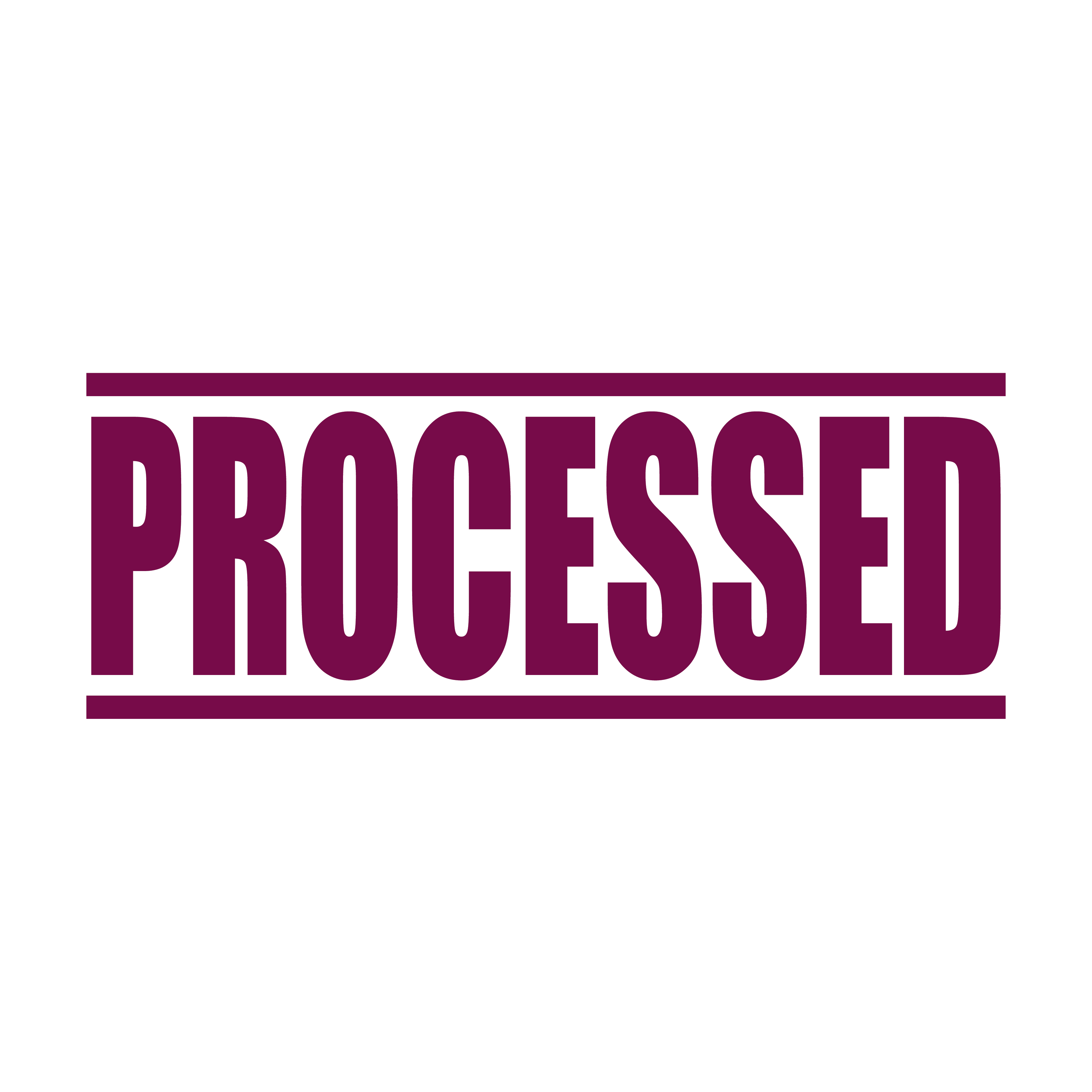 A maroon self inking rubber stamp with the word 'Processed ' printed in bold capital letters in maroon ink. stampers hand stamp office business inventory documents self inking prefill refillable stamps stamping