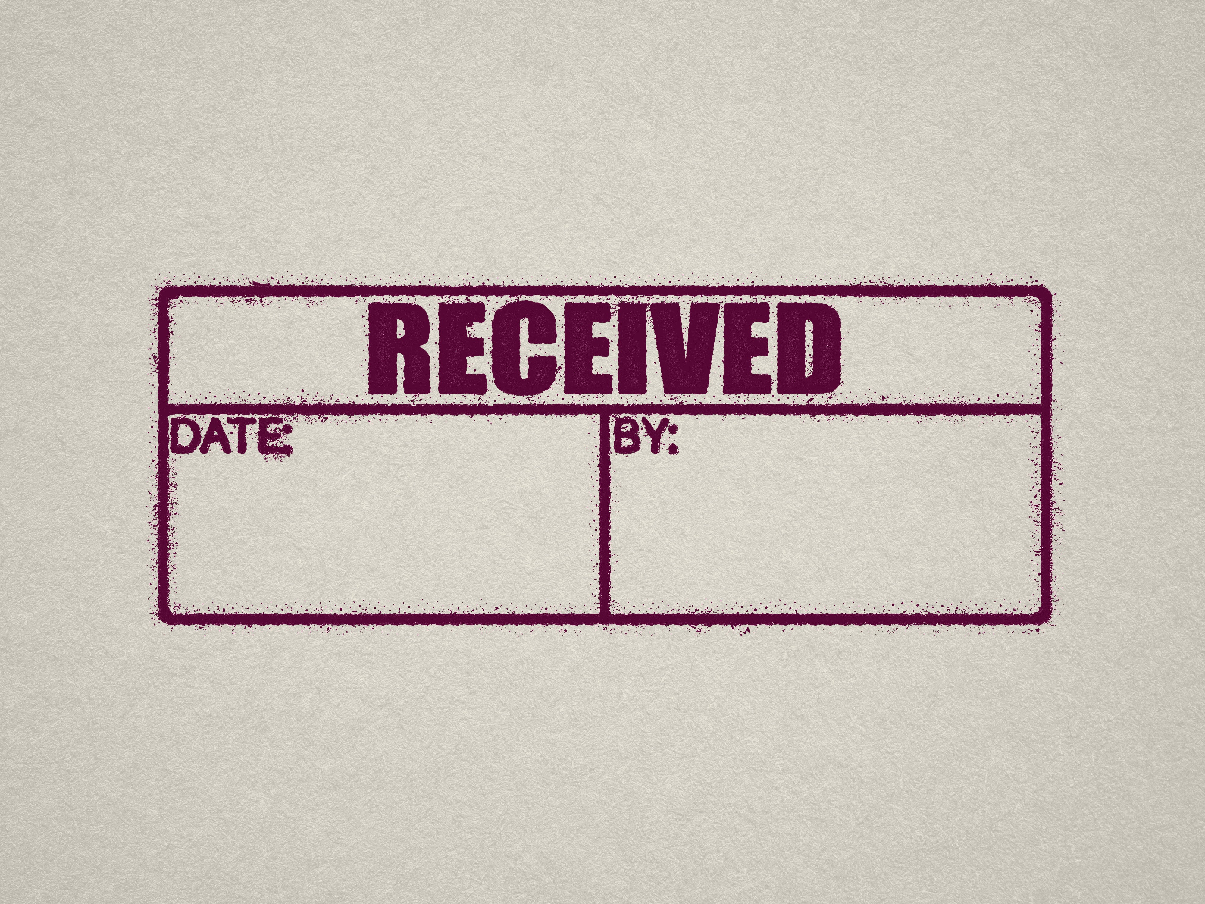 Ready made RECEIVED 'Date' and 'By in Maroon ink