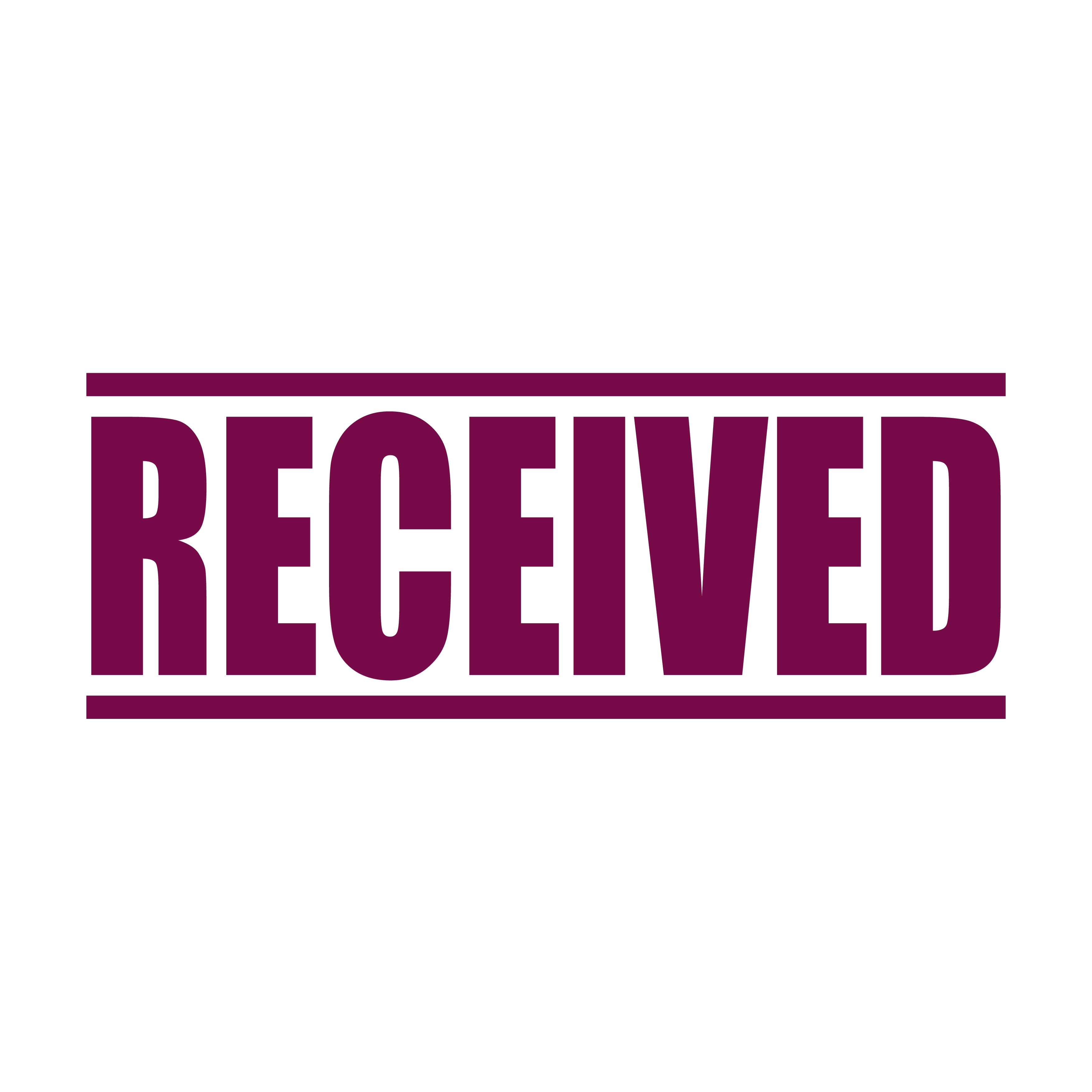A maroon self inking rubber stamp with the word 'Received ' printed in bold capital letters in maroon ink. stampers hand stamp office business inventory documents self inking prefill refillable stamps stamping