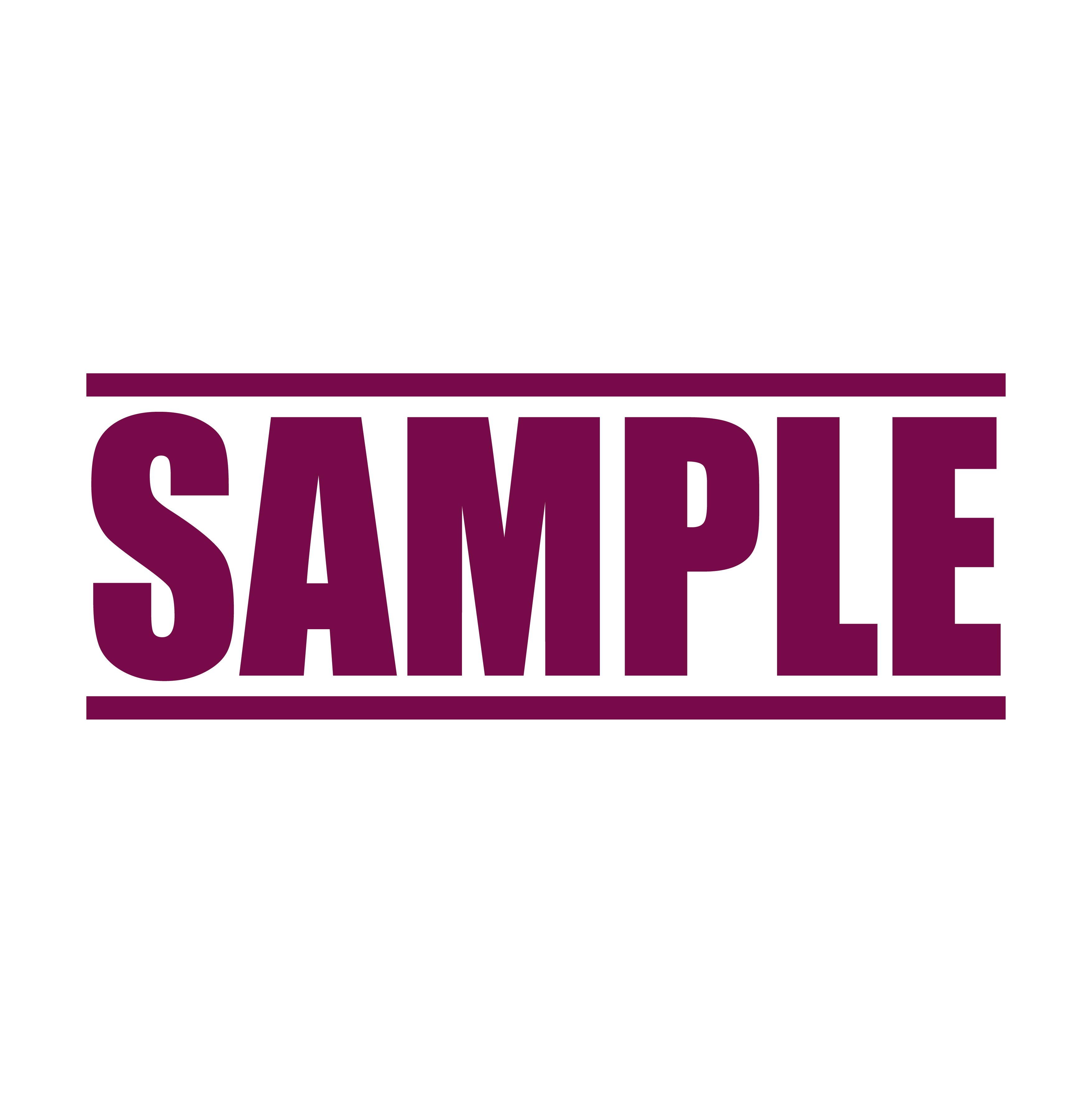 A maroon self inking rubber stamp with the word 'Sample ' printed in bold capital letters in maroon ink. stampers hand stamp office business inventory documents self inking prefill refillable stamps stamping