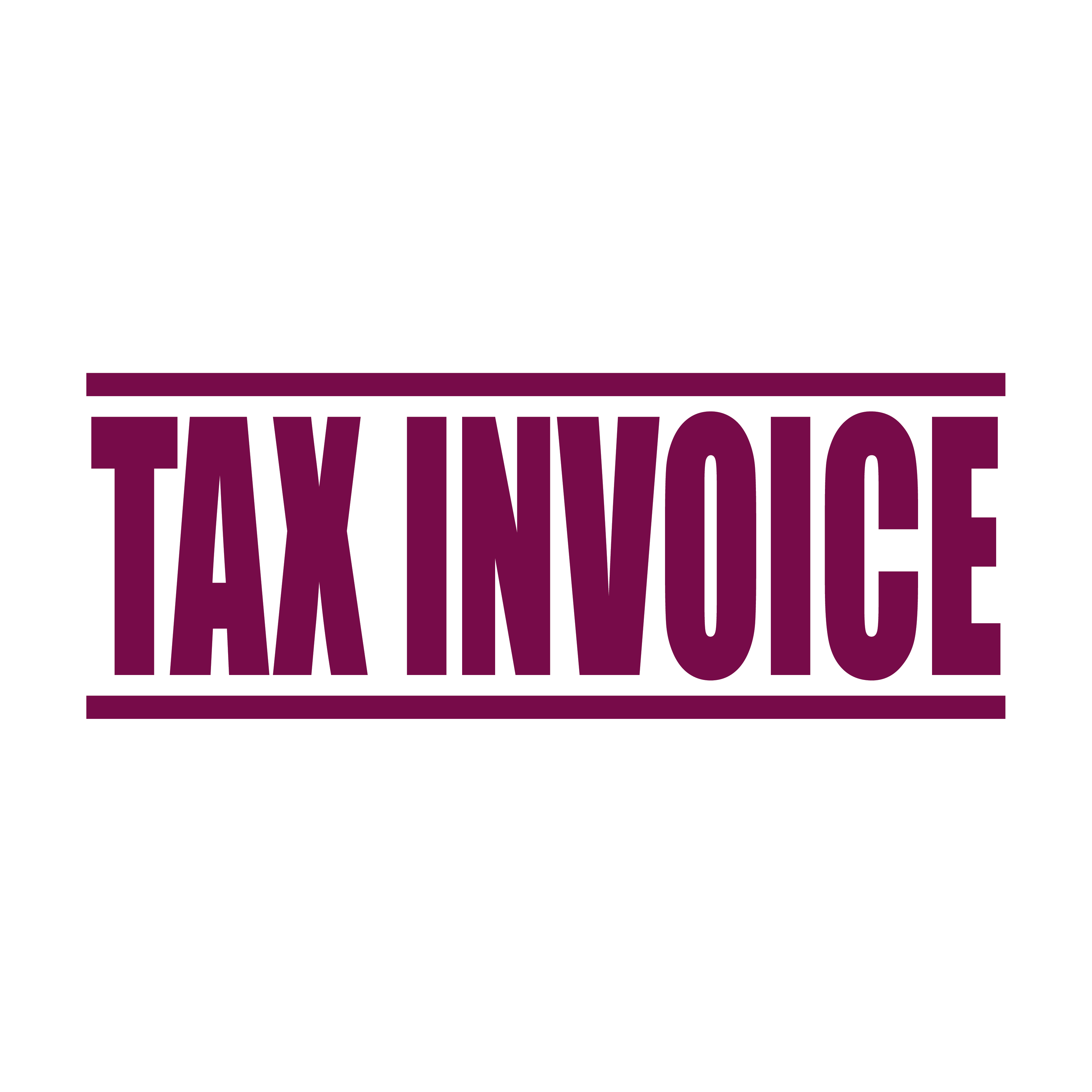 A maroon self inking rubber stamp with the word 'Tax Invoice' printed in bold capital letters in maroon ink. stampers hand stamp office business inventory documents self inking prefill refillable stamps stamping