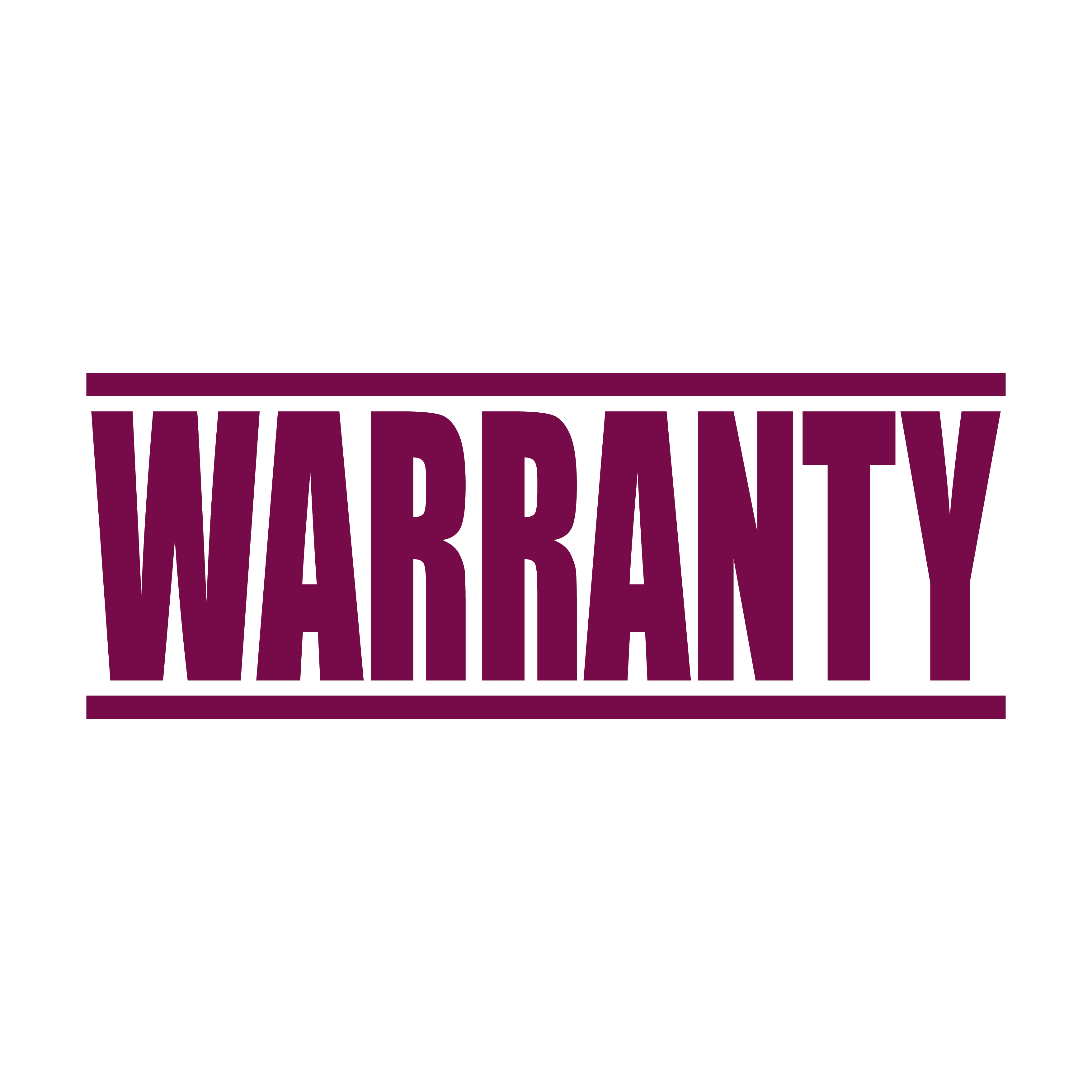 A maroon self inking rubber stamp with the word 'Warranty ' printed in bold capital letters in maroon ink. stampers hand stamp office business inventory documents self inking prefill refillable stamps stamping