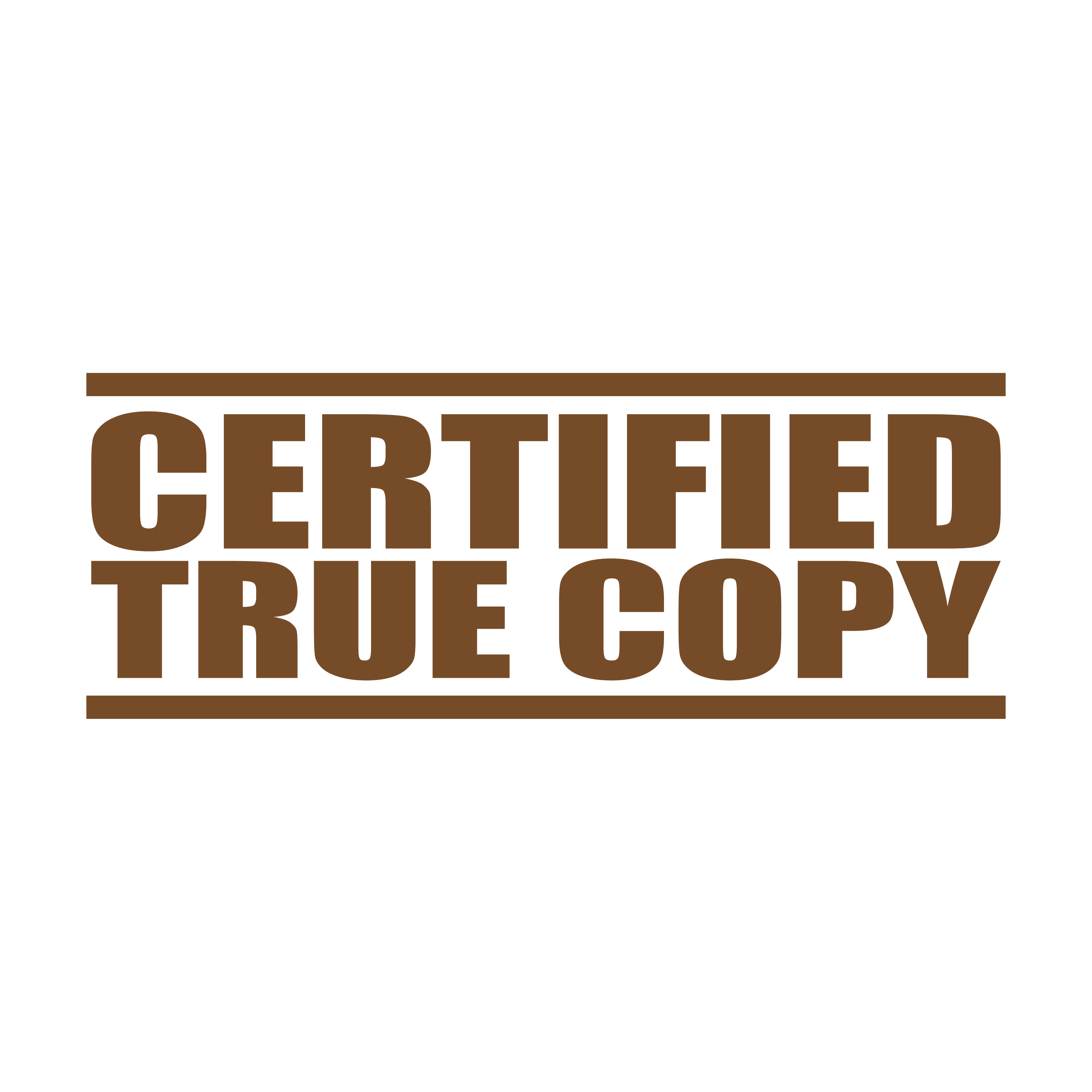 A brown self inking rubber stamp with the word 'Certified True Copy' printed in bold capital letters in brown ink. stampers hand stamp office business inventory documents self inking prefill refillable stamps stamping