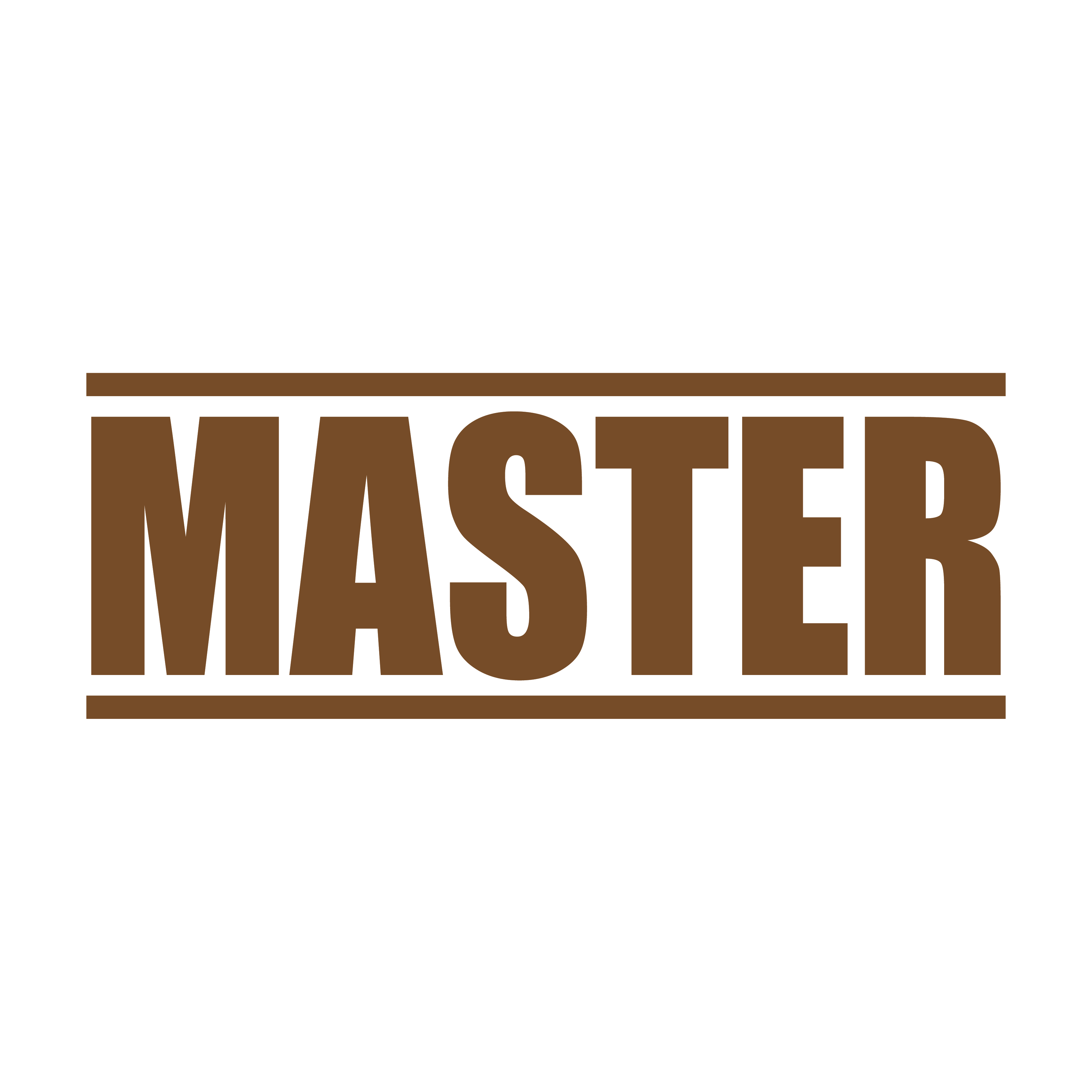 A brown self inking rubber stamp with the word 'MASTER' printed in bold capital letters in brown ink. stampers hand stamp office business inventory documents