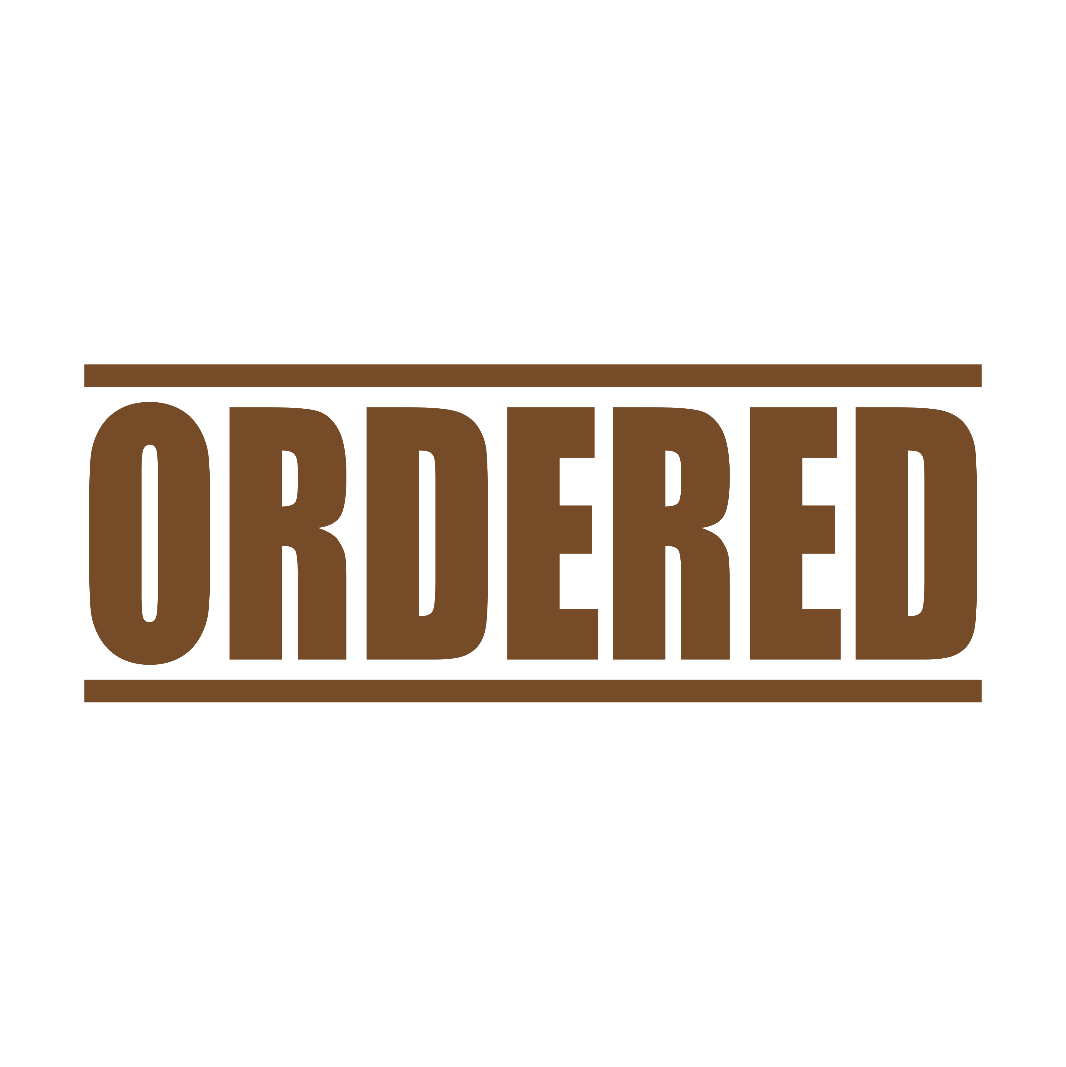 "A brown self inking rubber stamp with the word 'ORDERED' printed in bold capital letters in brown ink. stampers hand stamp office business inventory documents brown ink
"