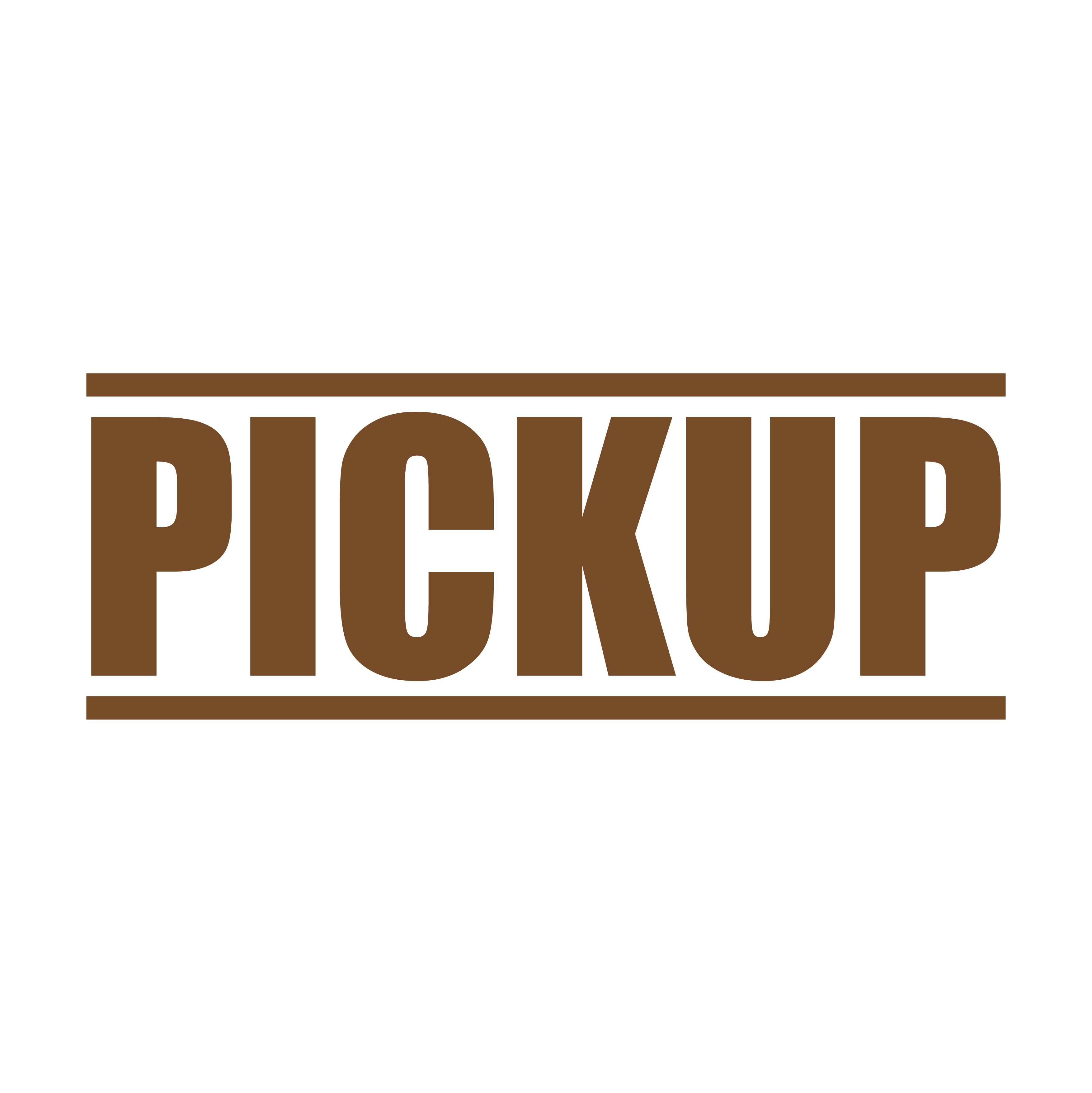 A brown self inking rubber stamp with the word 'Pickup' printed in bold capital letters in brown ink. stampers hand stamp office business inventory documents pick up