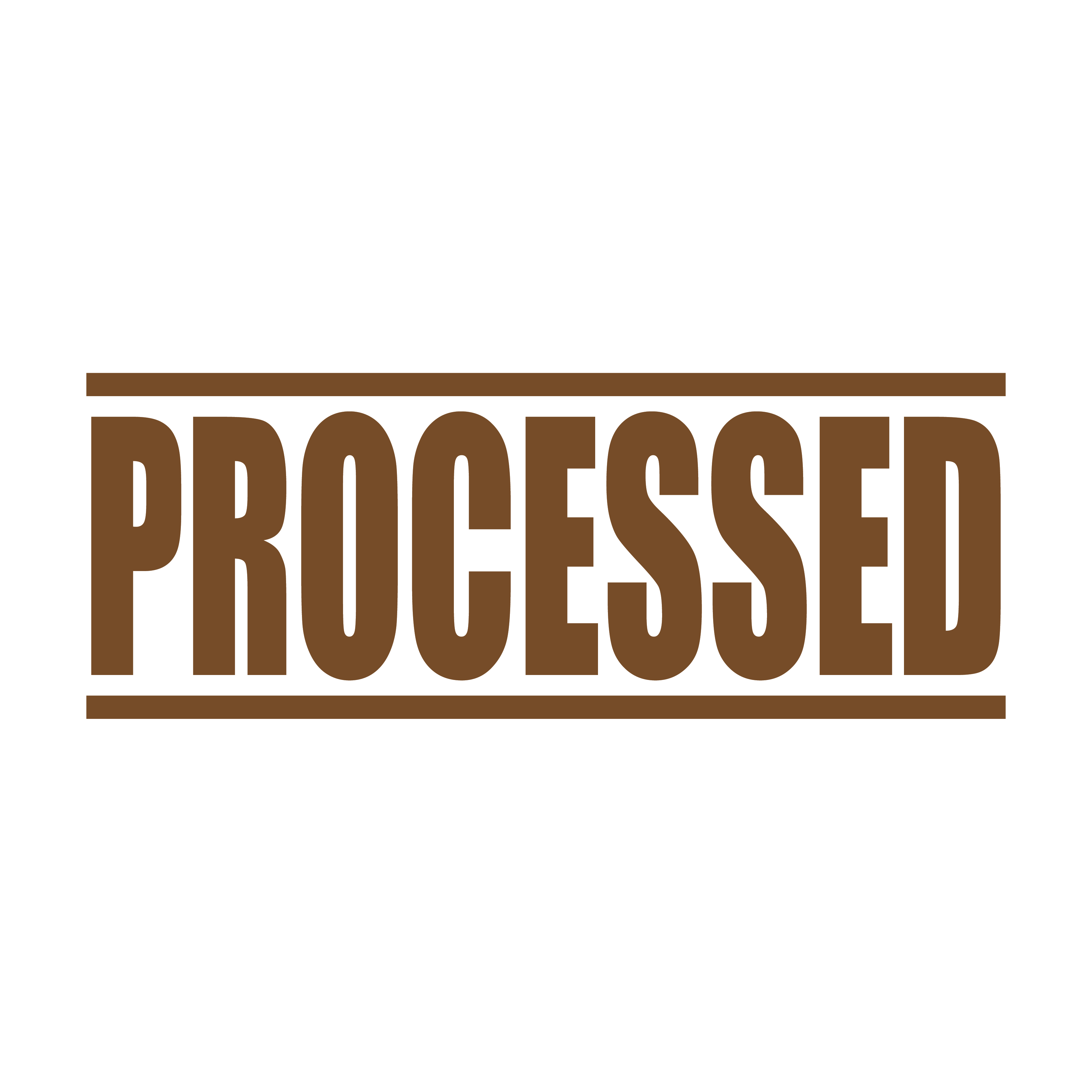 A brown self inking rubber stamp with the word 'Processed ' printed in bold capital letters in brown ink. stampers hand stamp office business inventory documents self inking prefill refillable stamps stamping