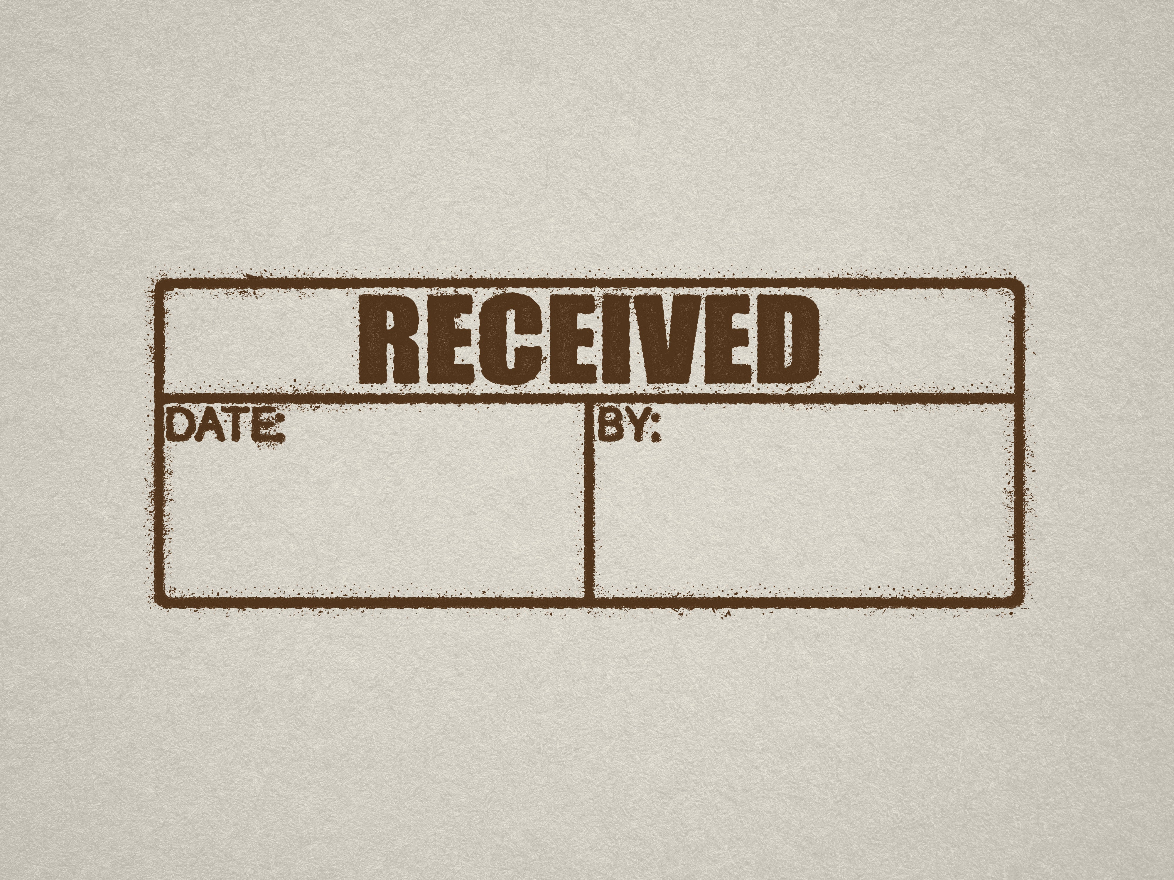 ready made RECEIVED 'Date' and 'By rubber stamp Brown ink