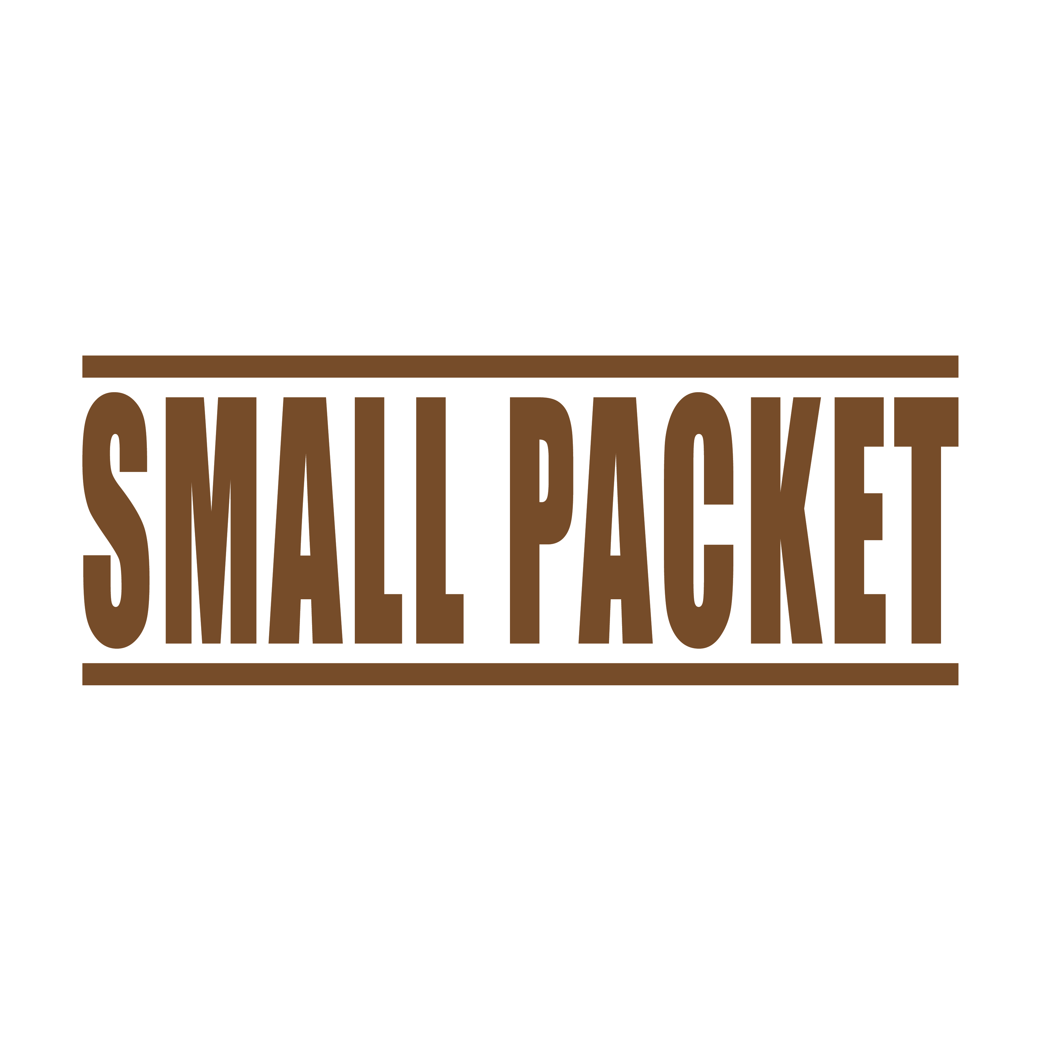 A brown stamp with the words 'SMALL PACKET' printed in Bold text