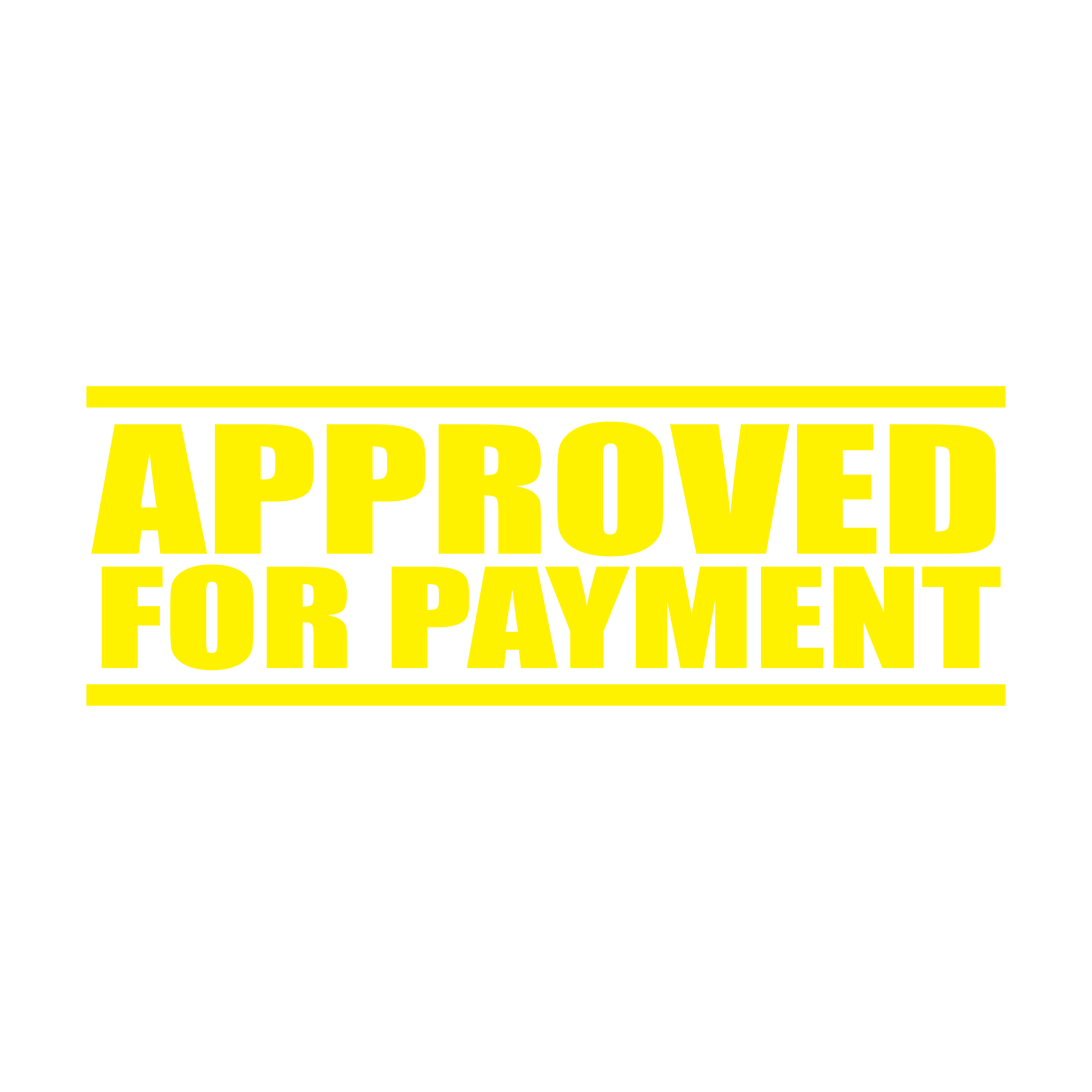 A yellow self inking rubber stamp with the word 'Approved For Payment' printed in bold capital letters in yellow ink. stampers hand stamp office business inventory documents