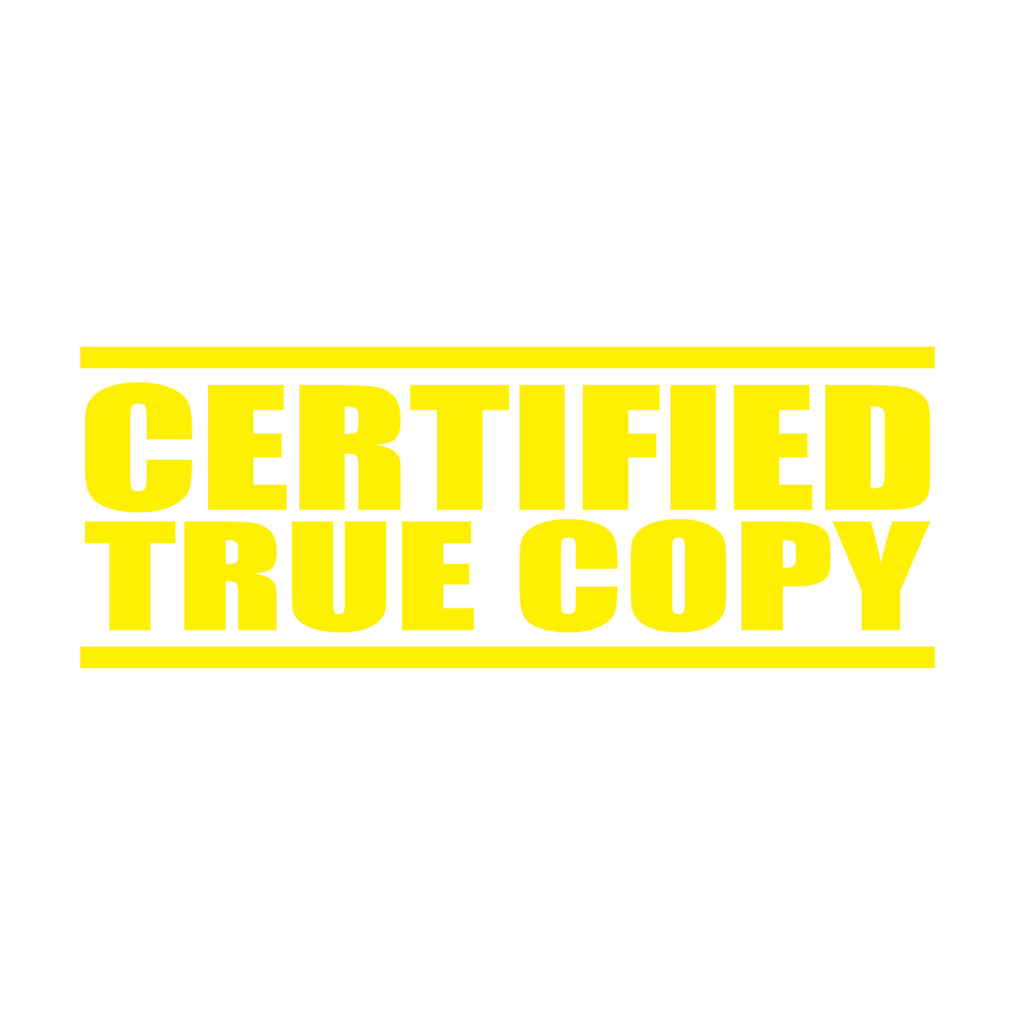 A yellow self inking rubber stamp with the word 'Certified True Copy' printed in bold capital letters in yellowink. stampers hand stamp office business inventory documents self inking prefill refillable stamps stamping