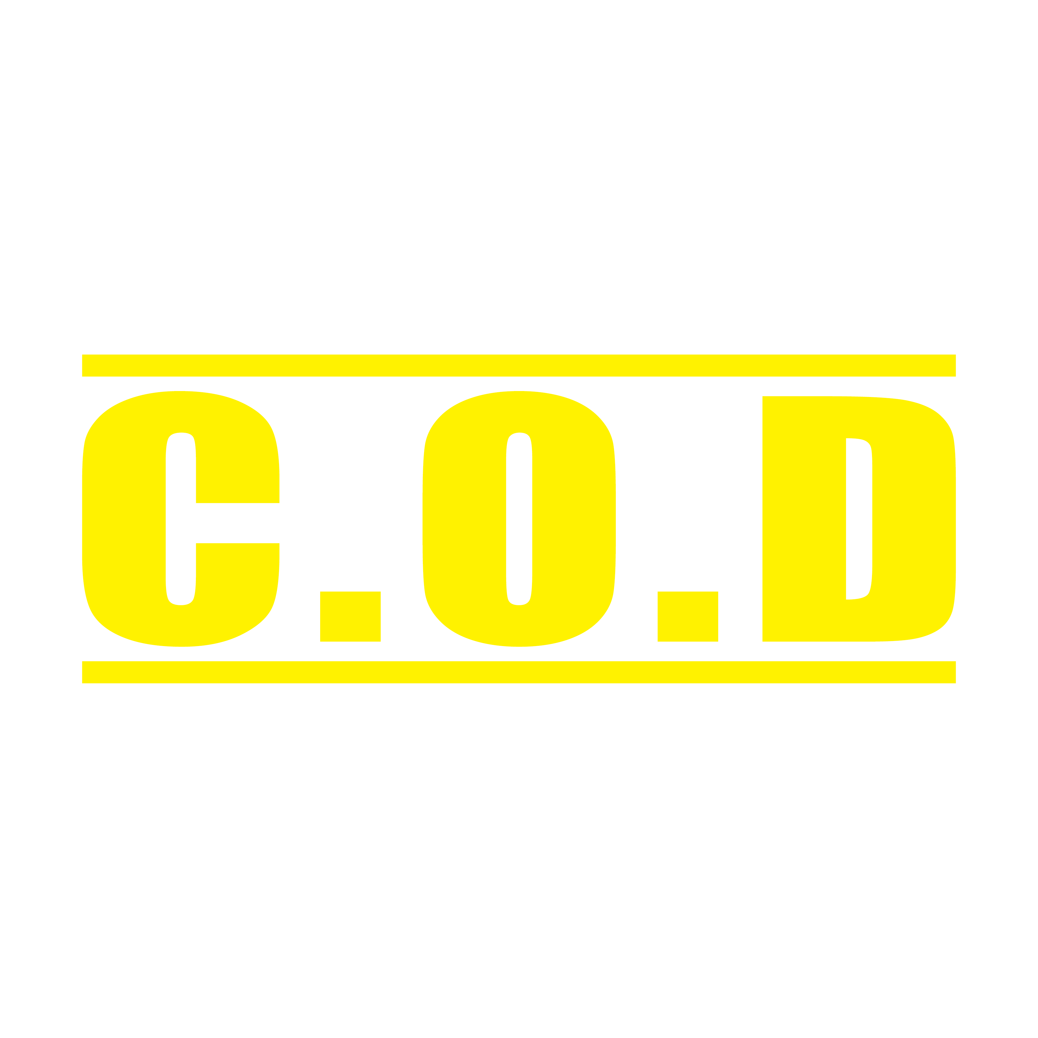 A yellow self inking rubber stamp with the word 'COD ' printed in bold capital letters in yellow ink. stampers hand stamp office business inventory documents