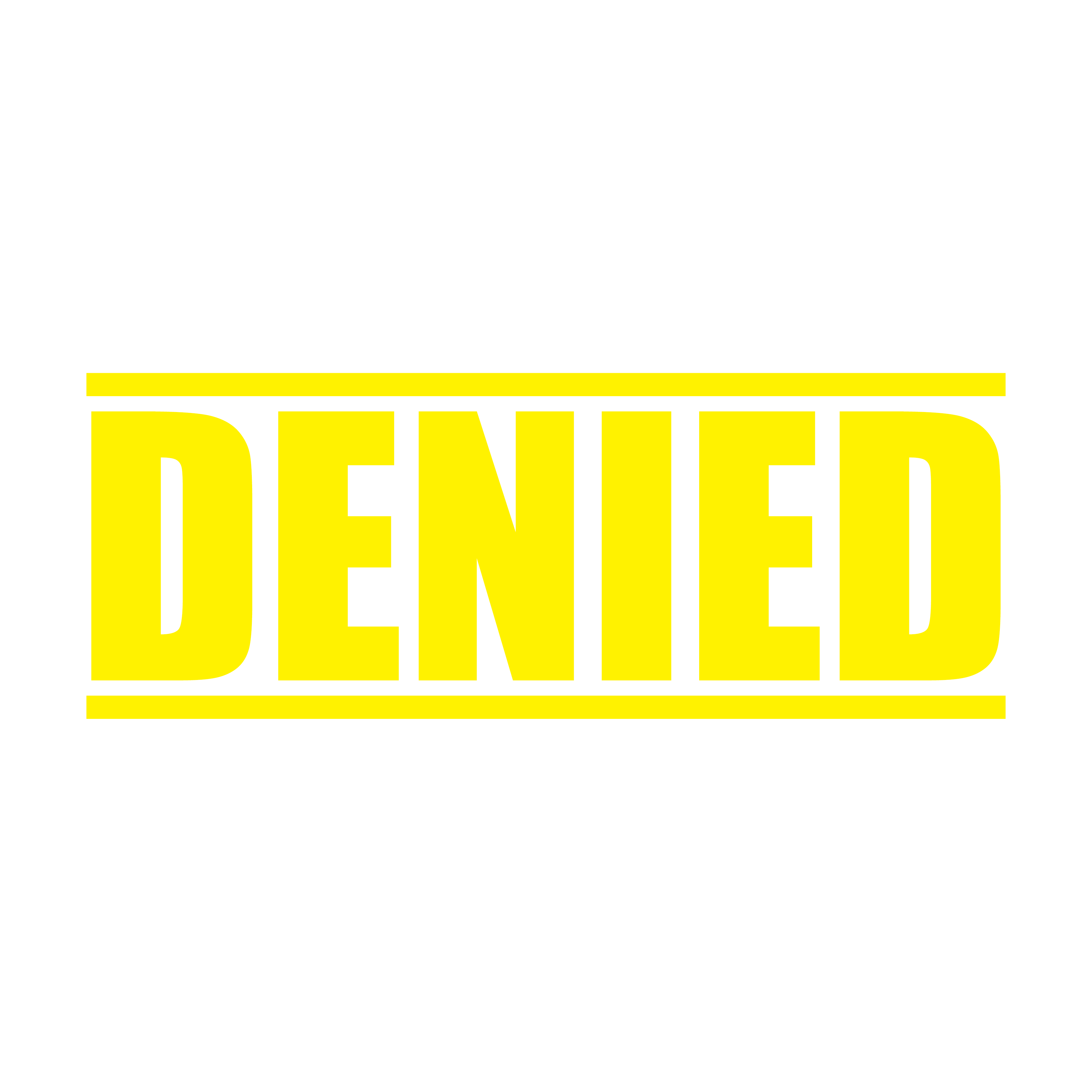 A yellow self inking rubber stamp with the word 'Denied' printed in bold capital letters in yellow ink. stampers hand stamp office business inventory documents self inking prefill refillable stamps stamping