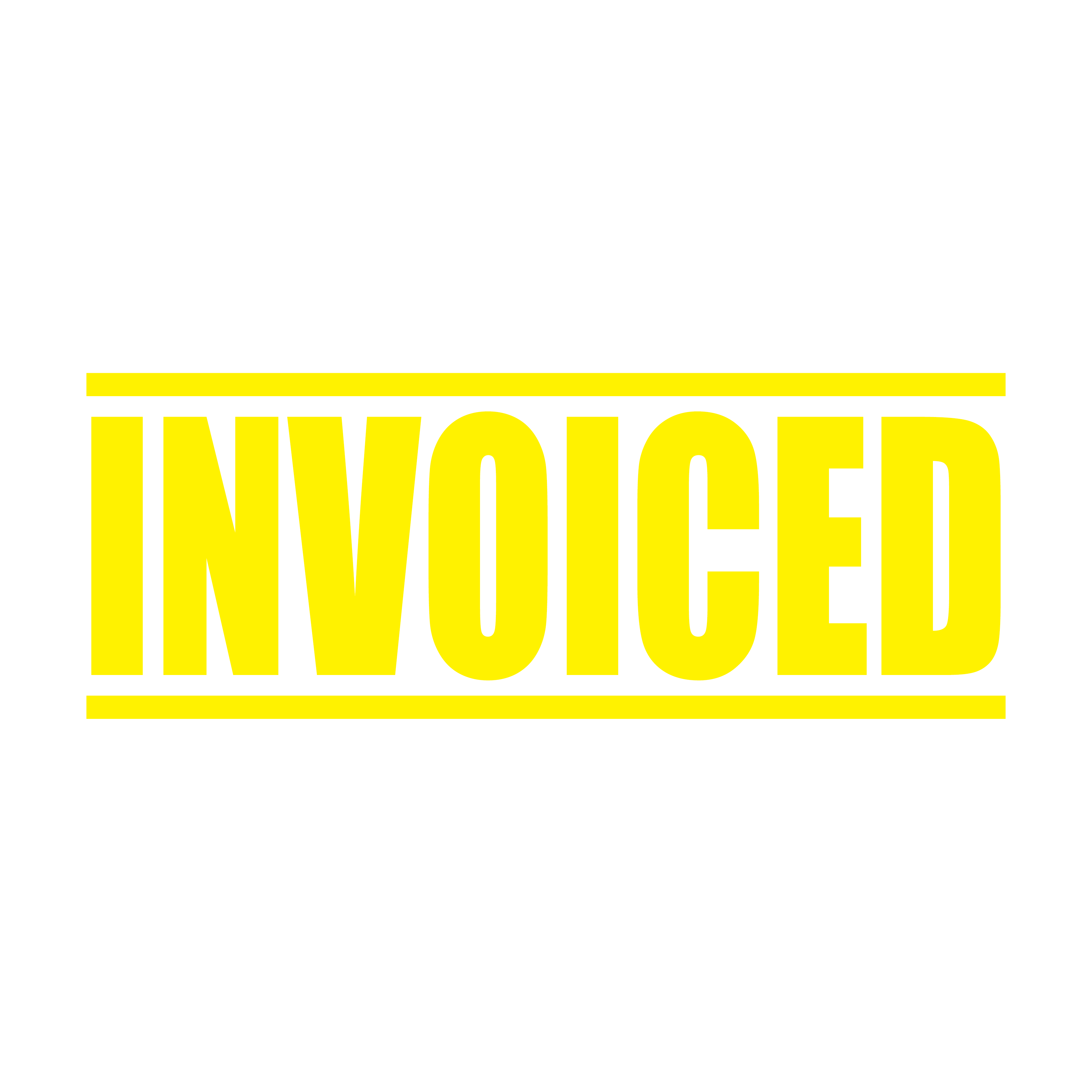 A yellow self inking rubber stamp with the word 'INVOICED' printed in bold capital letters in yellow ink. stampers hand stamp office business inventory documents