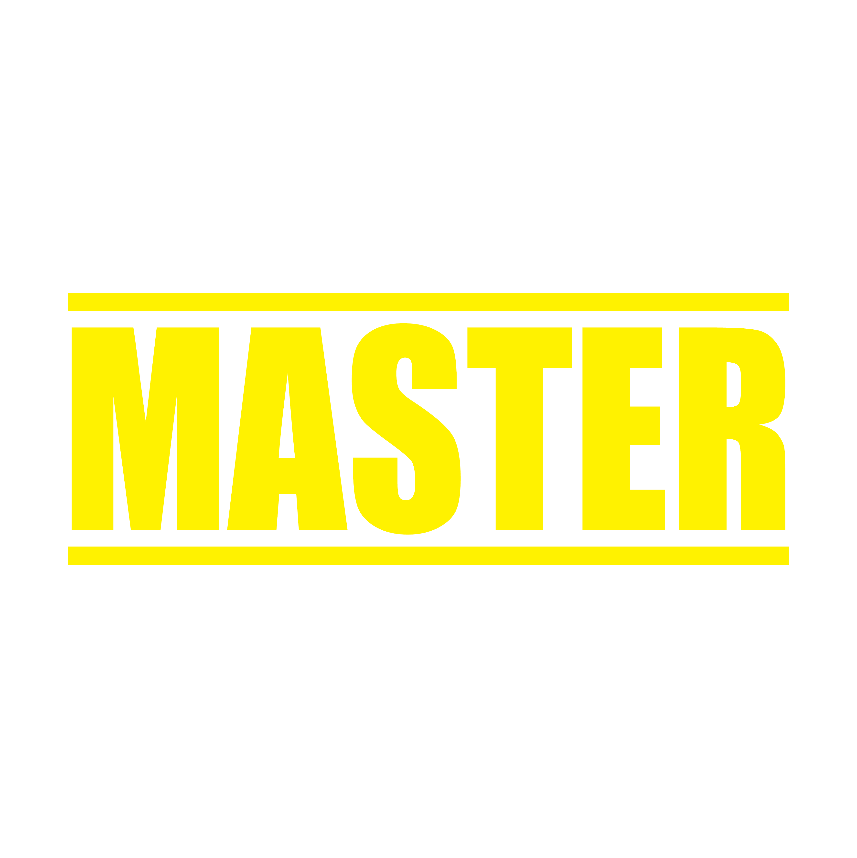 A yellow self inking rubber stamp with the word 'MASTER' printed in bold capital letters in yellow ink. stampers hand stamp office business inventory documents