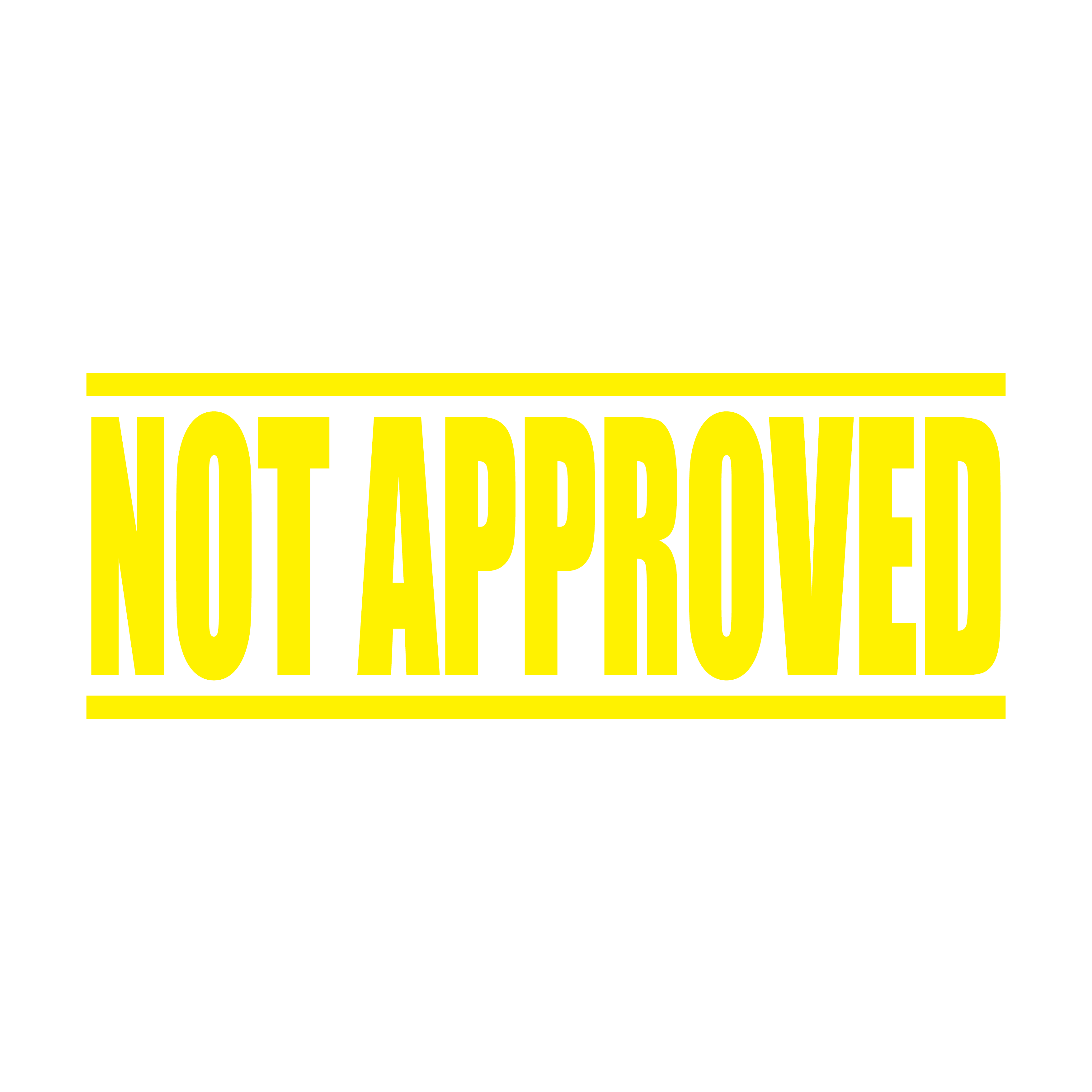 A yellow self inking rubber stamp with the word 'Not Approved' printed in bold capital letters in yellow ink. stampers hand stamp office business inventory documents self inking prefill refillable stamps stamping