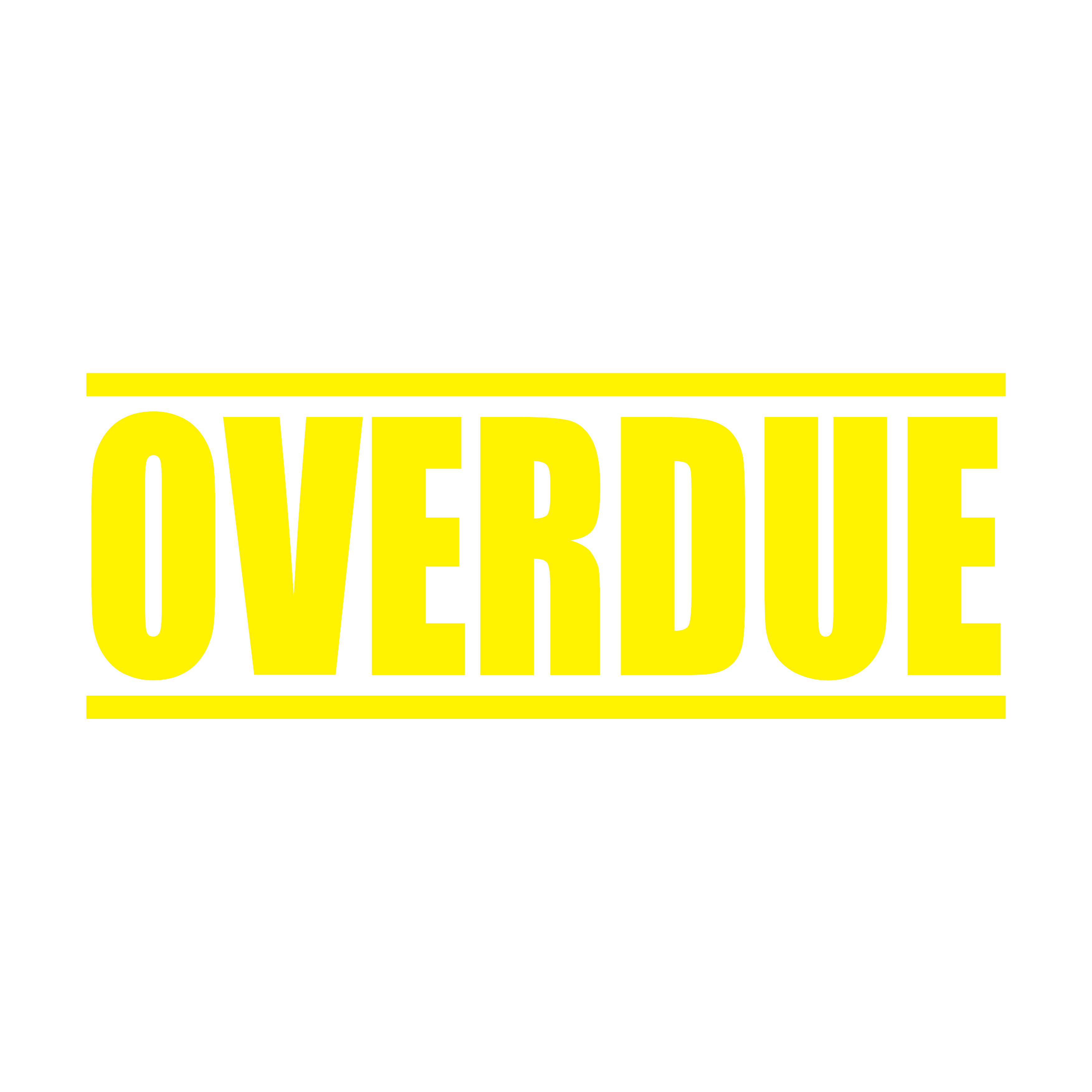A yellow self inking rubber stamp with the word 'Overdue ' printed in bold capital letters in yellow ink. stampers hand stamp office business inventory documents