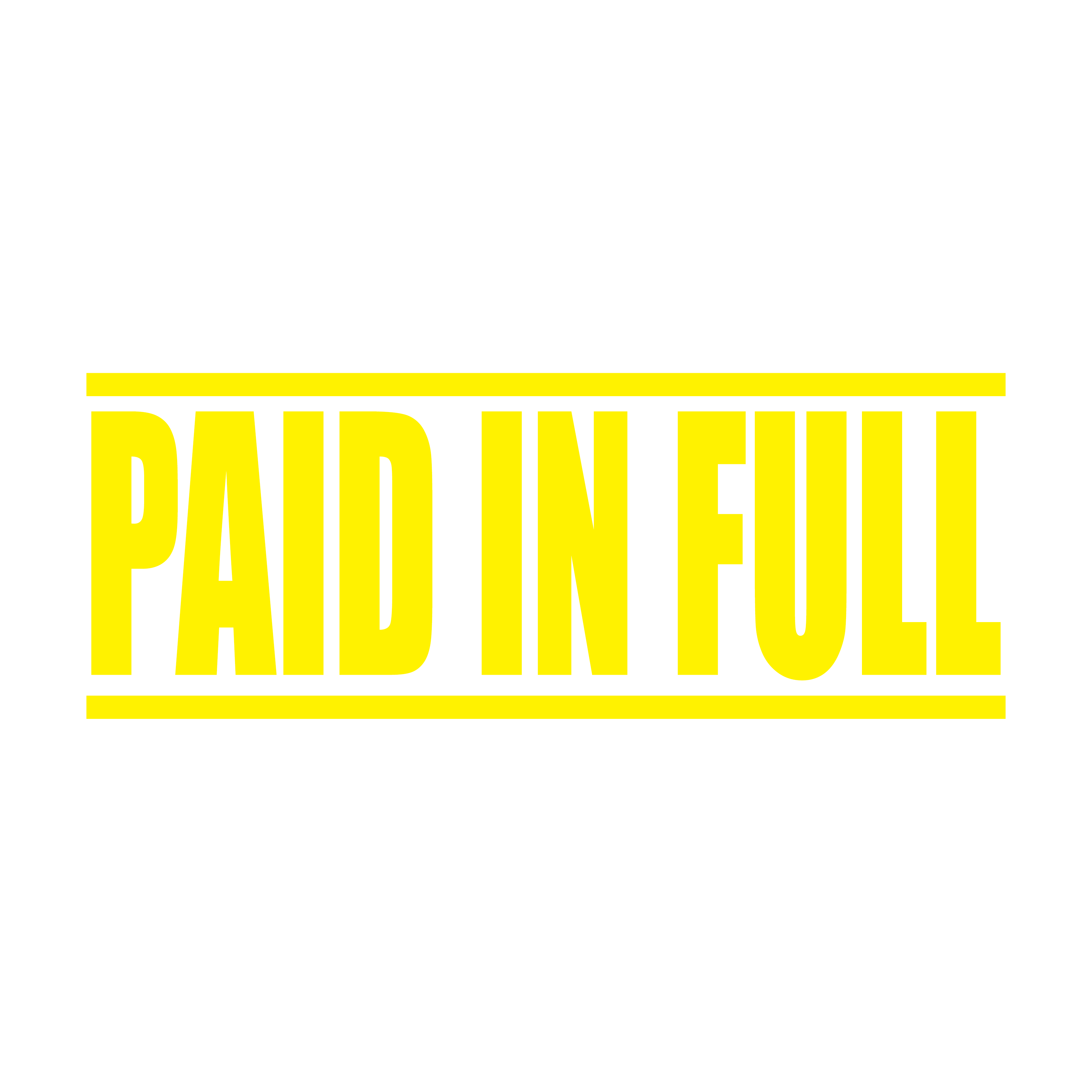 A yellow self inking rubber stamp with the word 'Paid In Full' printed in bold capital letters in yellow ink. stampers hand stamp office business inventory documents