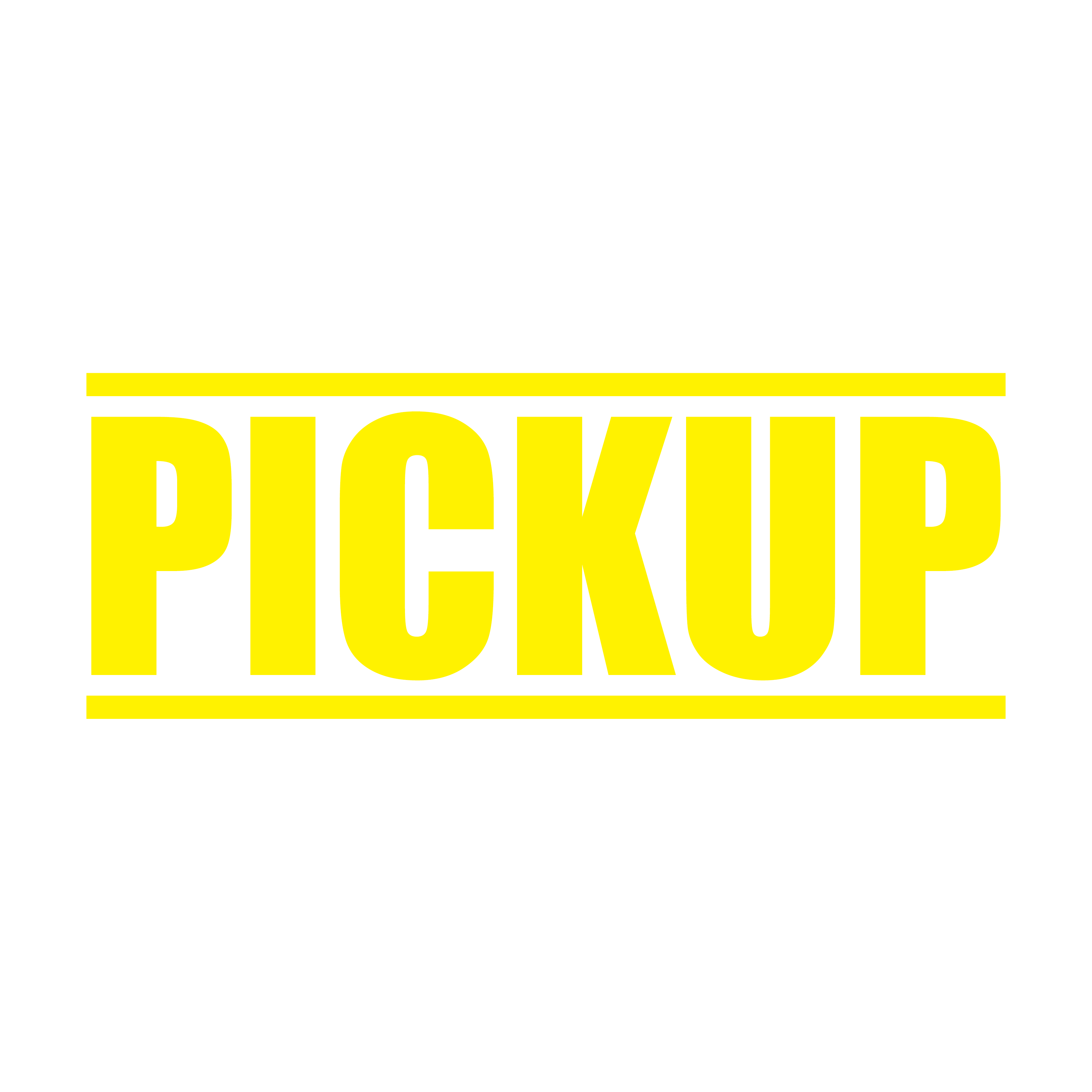 A yellow self inking rubber stamp with the word 'Pickup' printed in bold capital letters in yellow ink. stampers hand stamp office business inventory documents pick up