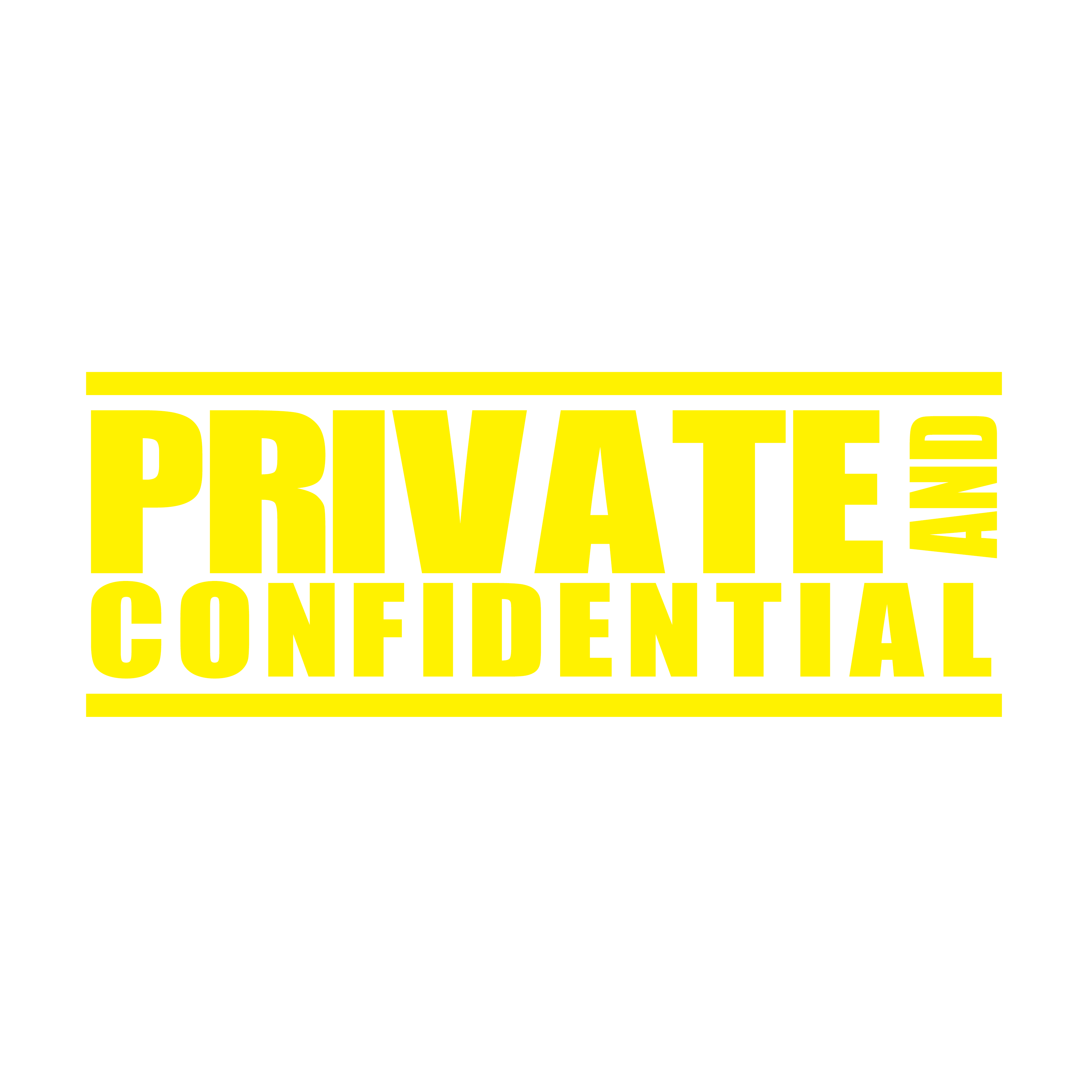 A yellow self inking rubber stamp with the word 'Private and Confidential' printed in bold capital letters in yellow ink. stampers hand stamp office business inventory documents