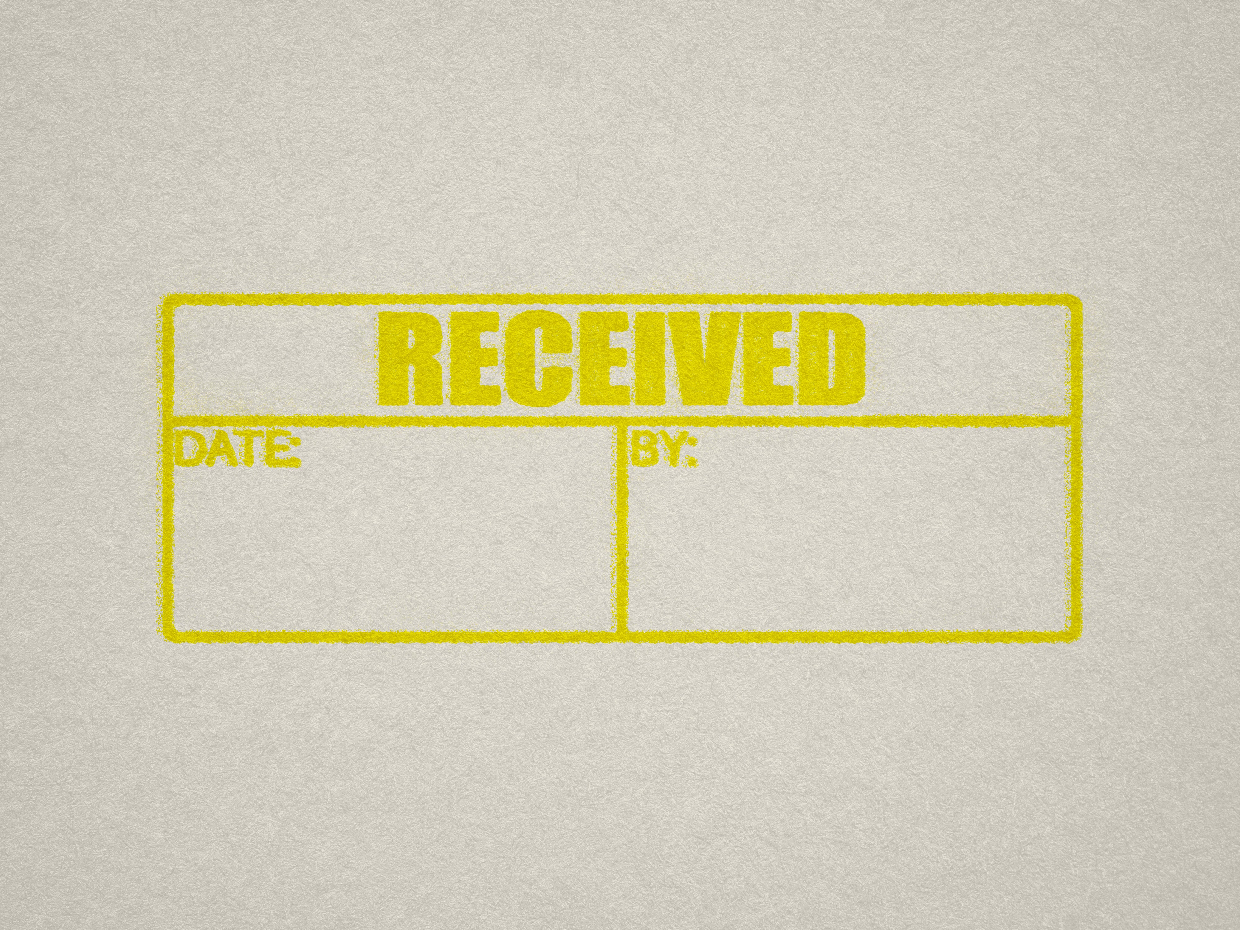 Yellow RECEIVED 'Date' and 'By self-inking rubber stamp